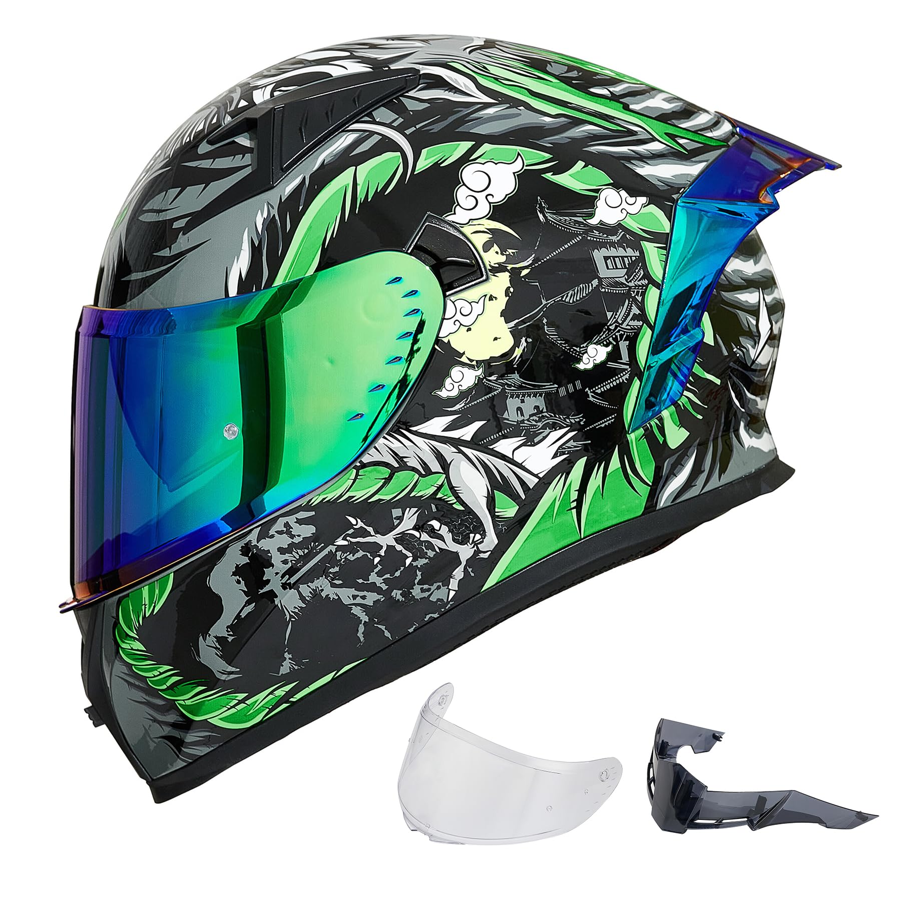 Ilm Motorcycle Helmet Full Face With Pinlock Compatible Clear&Tinted Visors And Fins Street Bike Motocross Casco Dot Model Z501(Legend Green, Large)