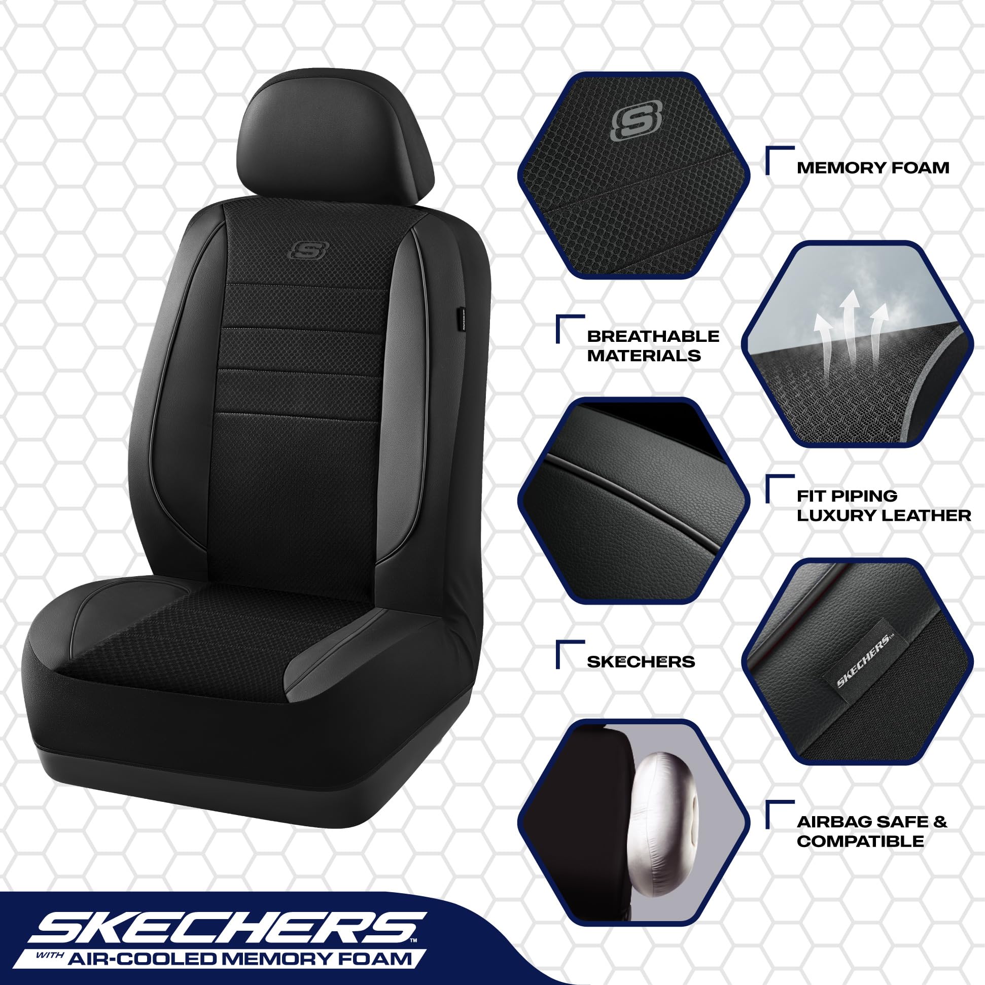 Skechers Memory Foam Car Seat Covers,Air Cool Mesh Thick Seat Covers,Piping Leather Car Seat Protector,Airbag Compatible,Automot