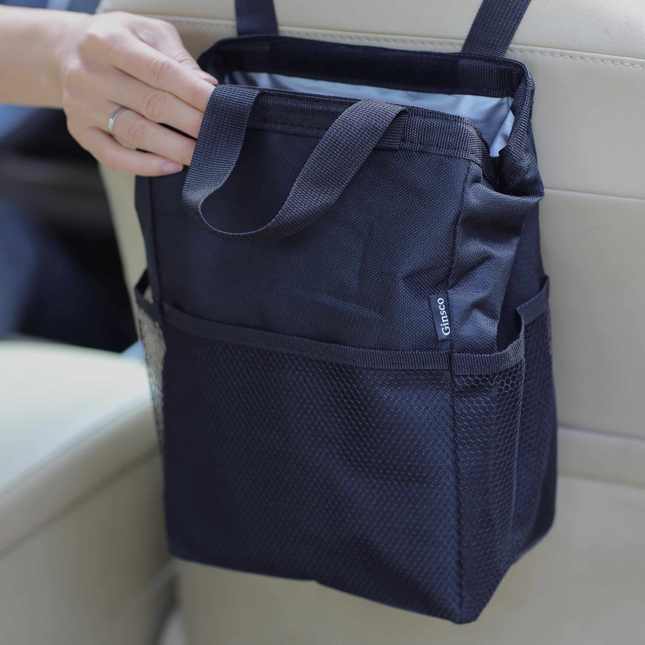 Ginsco New Leak-Proof Travel Trash Bag, Hanging Car Trash Can with Hook and Loop Lid and Handle, Multipurpose Trash Bin with Sto