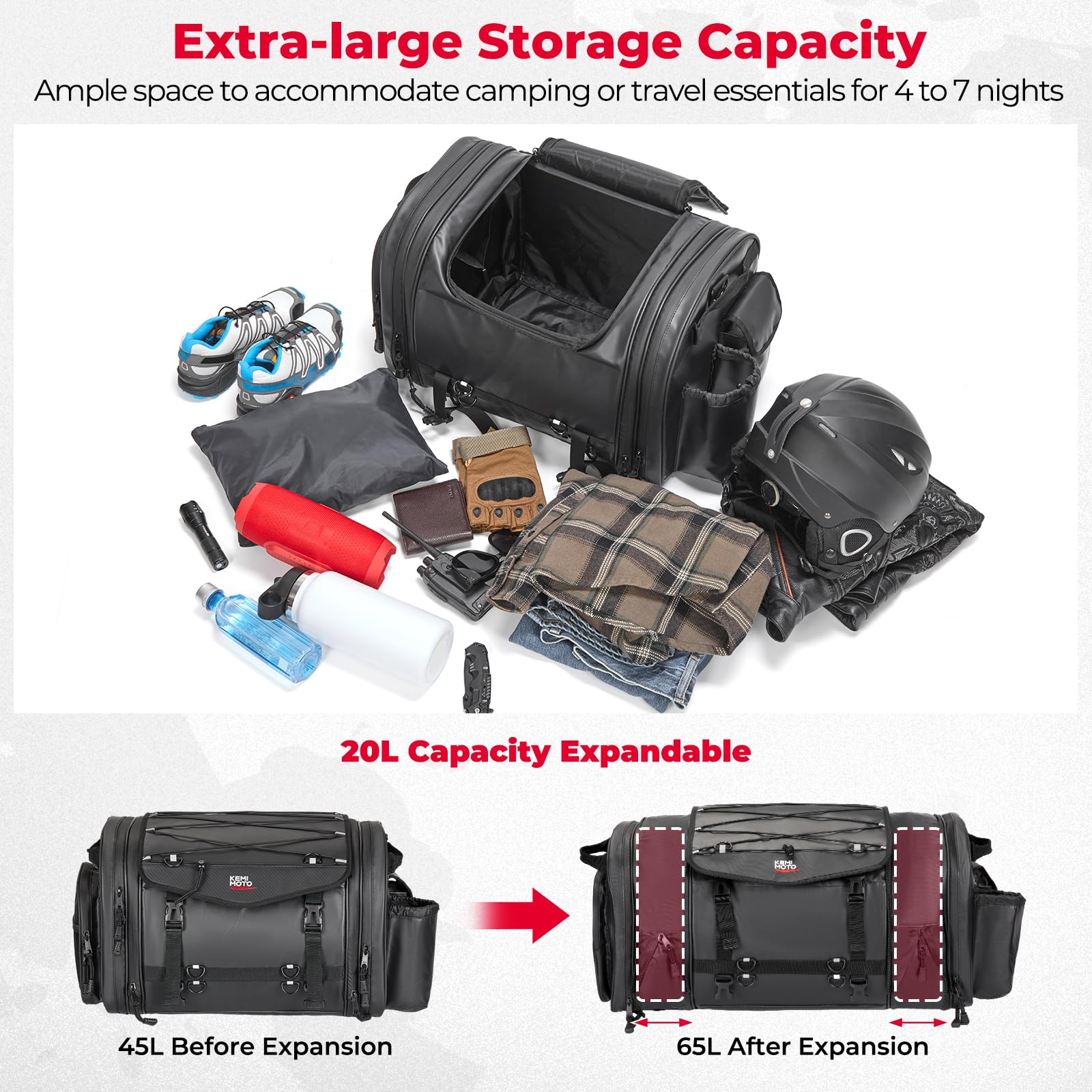 KEMIMOTO 60L Motorcycle Tail Bag - Waterproof Black Pannier with Rain Cover & Straps, Model F1116-06401BK