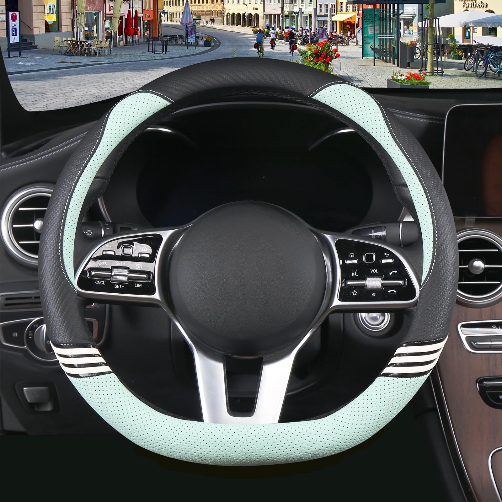 Binsheo Cute Steering Wheel Cover D Shape For Girls Women Universal 15 Inch,Black And Green