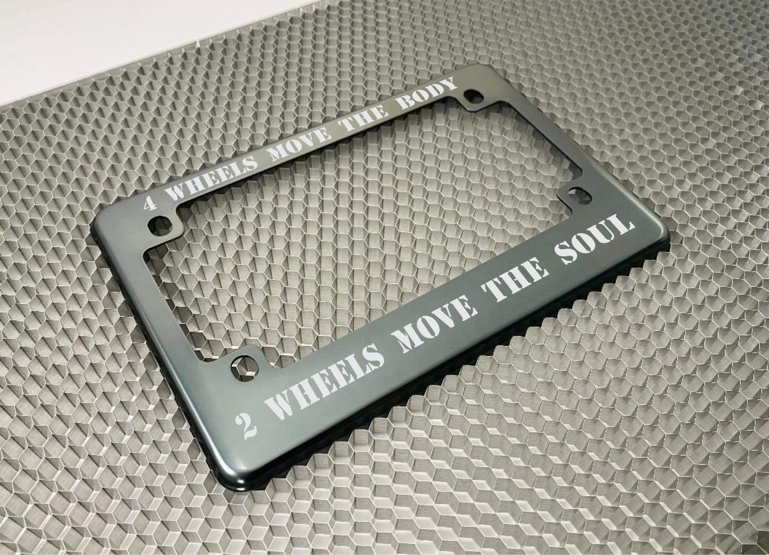 Motorcycle Personalized With Custom Text Design - Anodized Aluminum Laser Etched Standard Size License Plate Frame - Gray