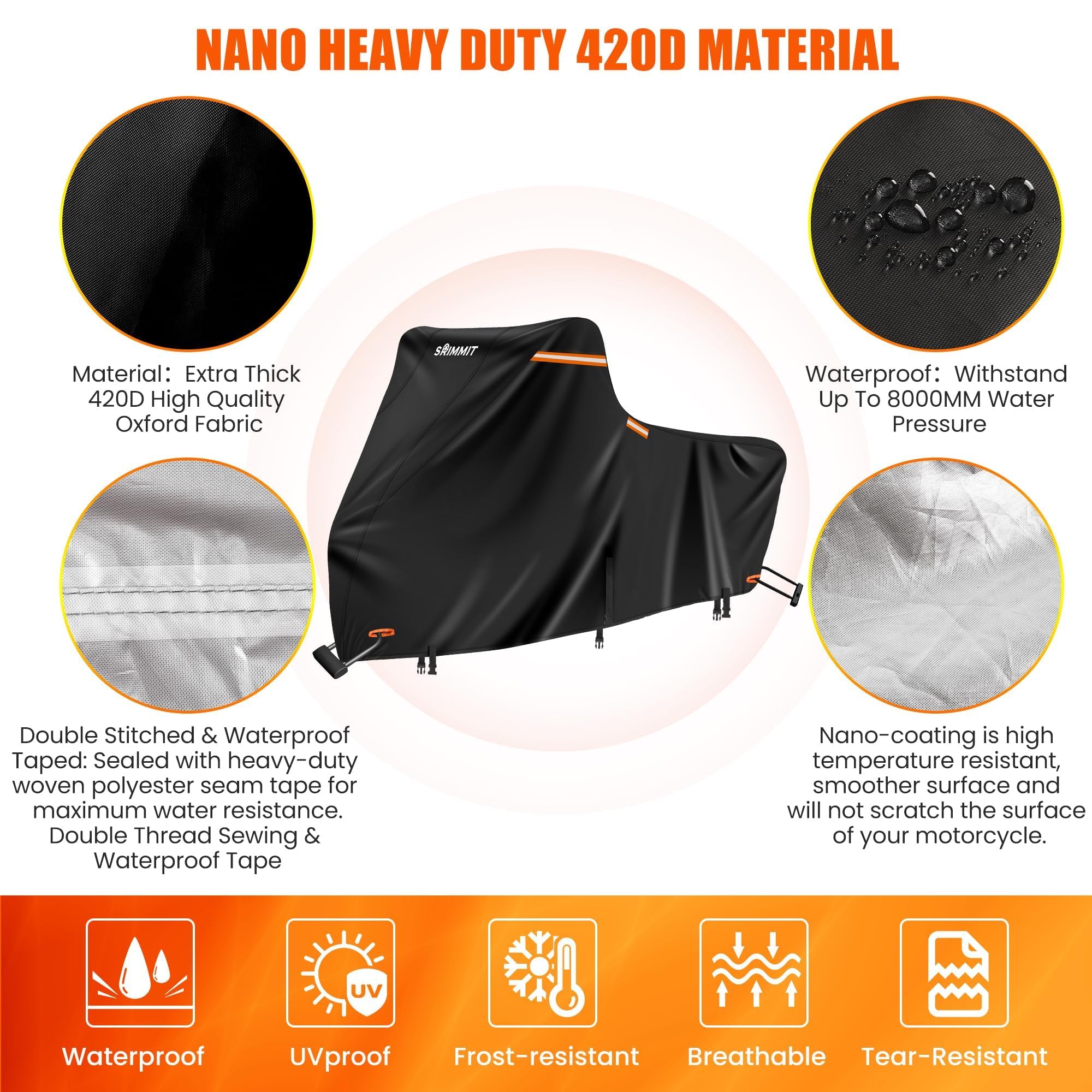 SRIMMIT Heavy Duty Motorcycle Cover, Waterproof 420D, 1XL 86"x39"x51", Black & Orange, with Reflective Strips & Windproof Buckles