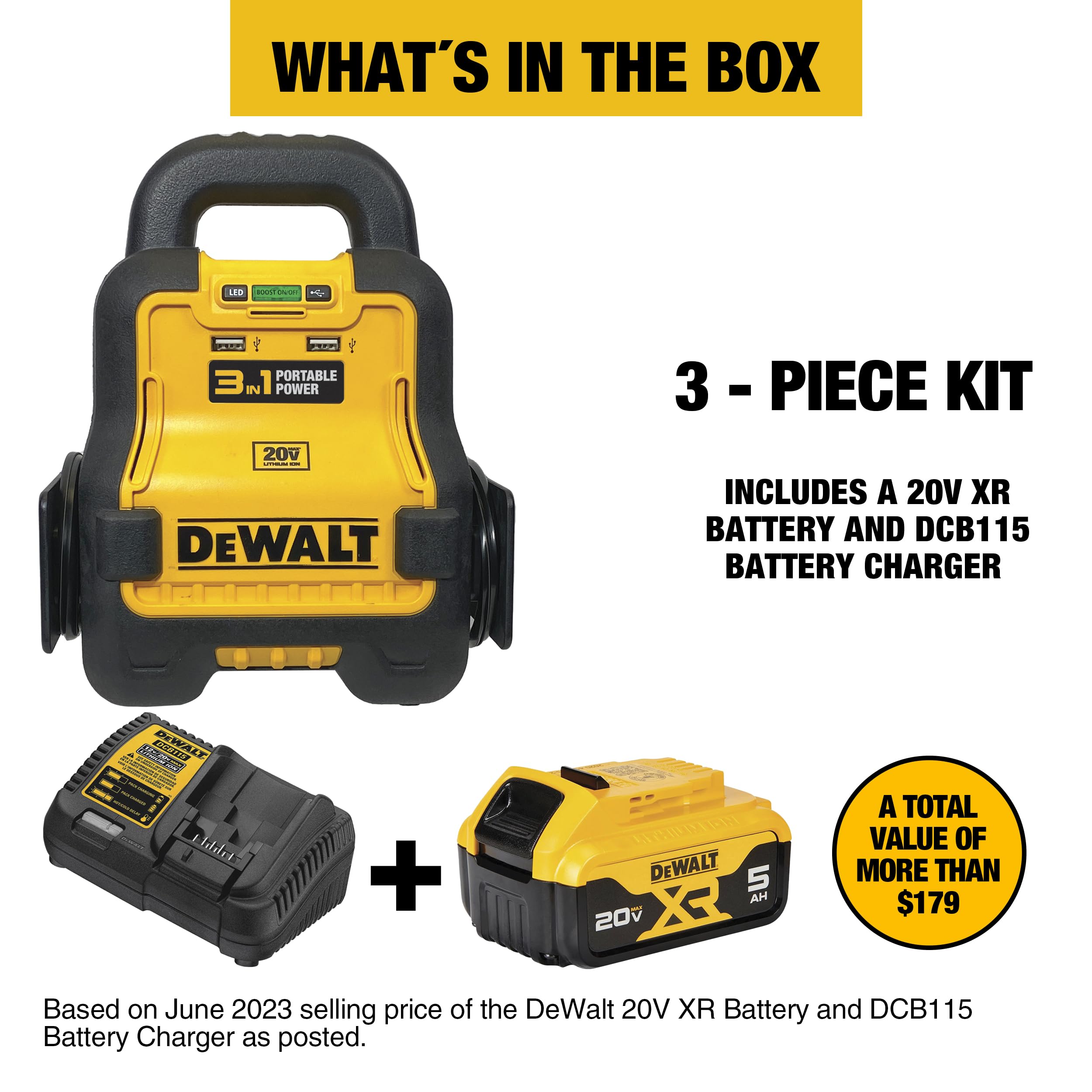 DEWALT DXAE20VBBK Battery Booster with 20V XR 5Ah Lithium-Ion Battery & DCB115 Charger, Yellow