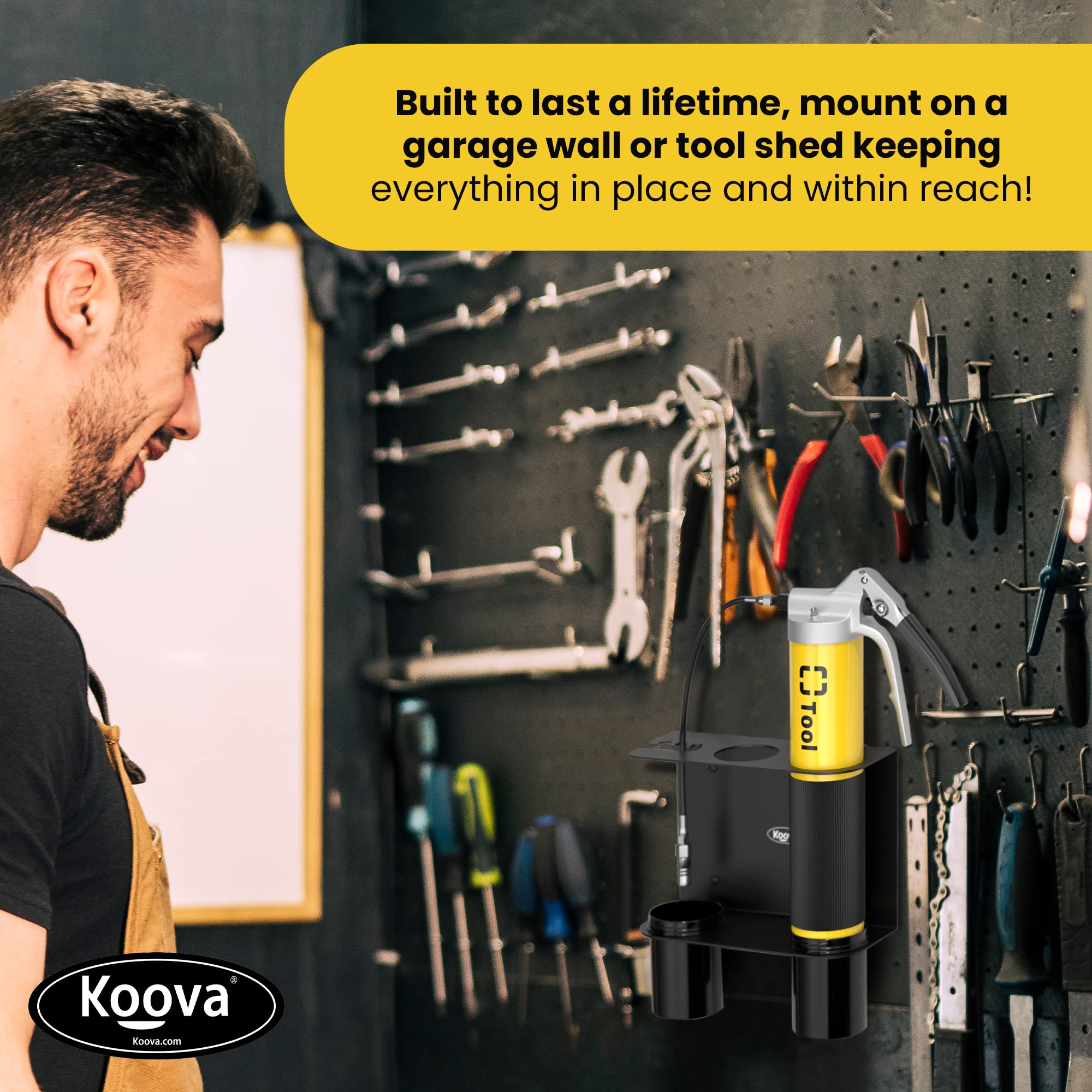 Koova Grease Gun Holder | Tractor Grease Gun Garage Organizer Wall Mount | Includes Removable Drip Cups & Spare Cartridge Holder | Truck & Tractor Accessories | Shop/Garage Wall Organizer | Usa Made