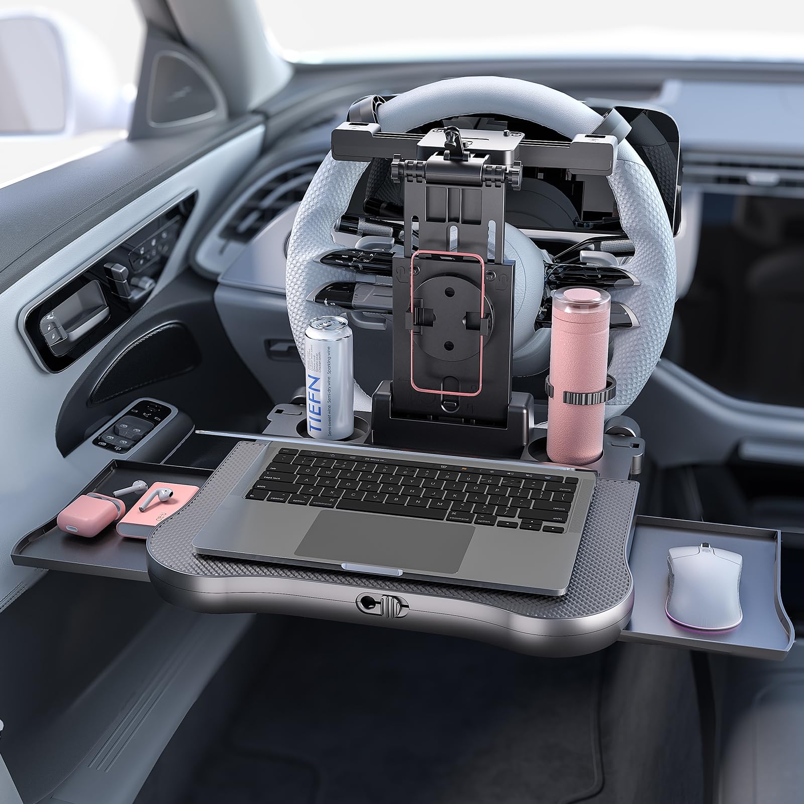 TUEOU Car Steering Wheel Tray Back Seat Tray,Extension Steering Wheel Desk Car Food Eating Tray Table,Car Laptop Desk with Phone