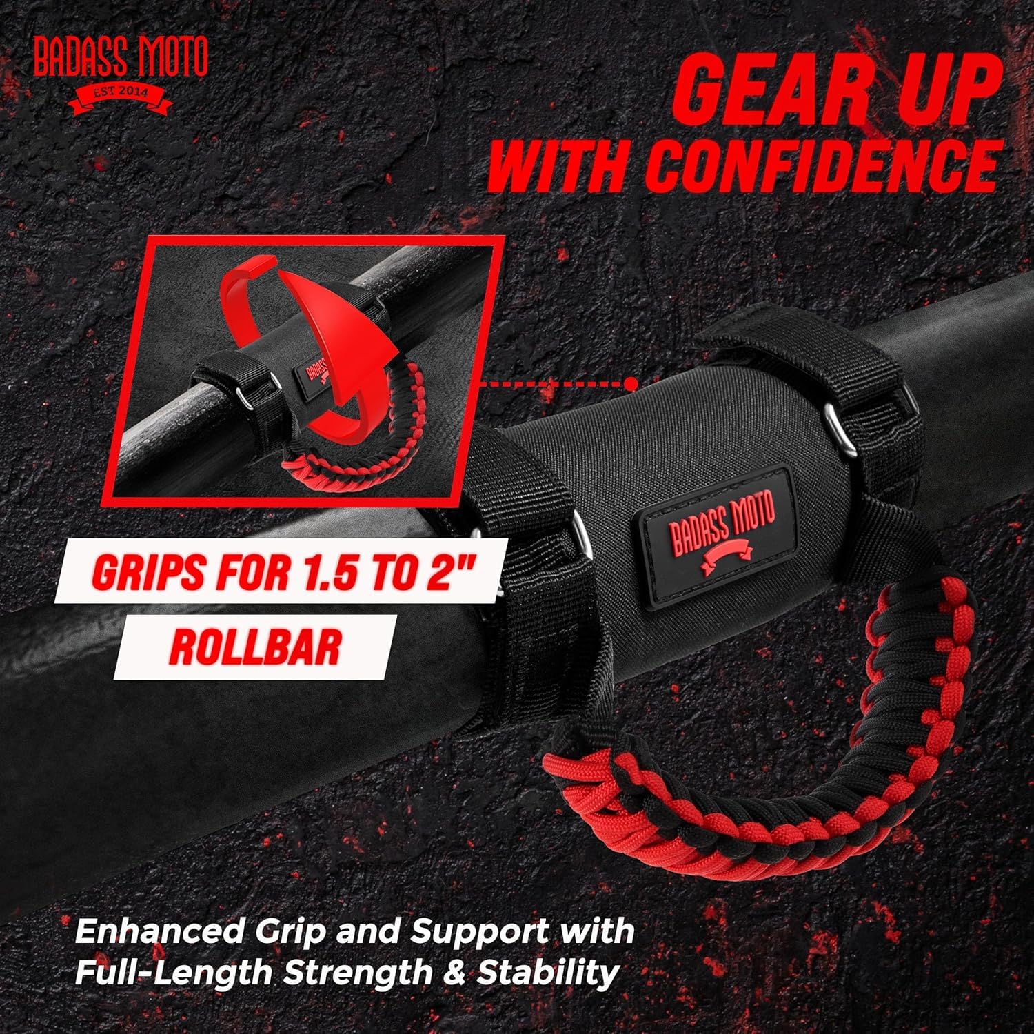 Badass Moto UTV Grab Handle - Durable Red Paracord, Stainless Steel, 2 Pack, Model ATVGH-PC