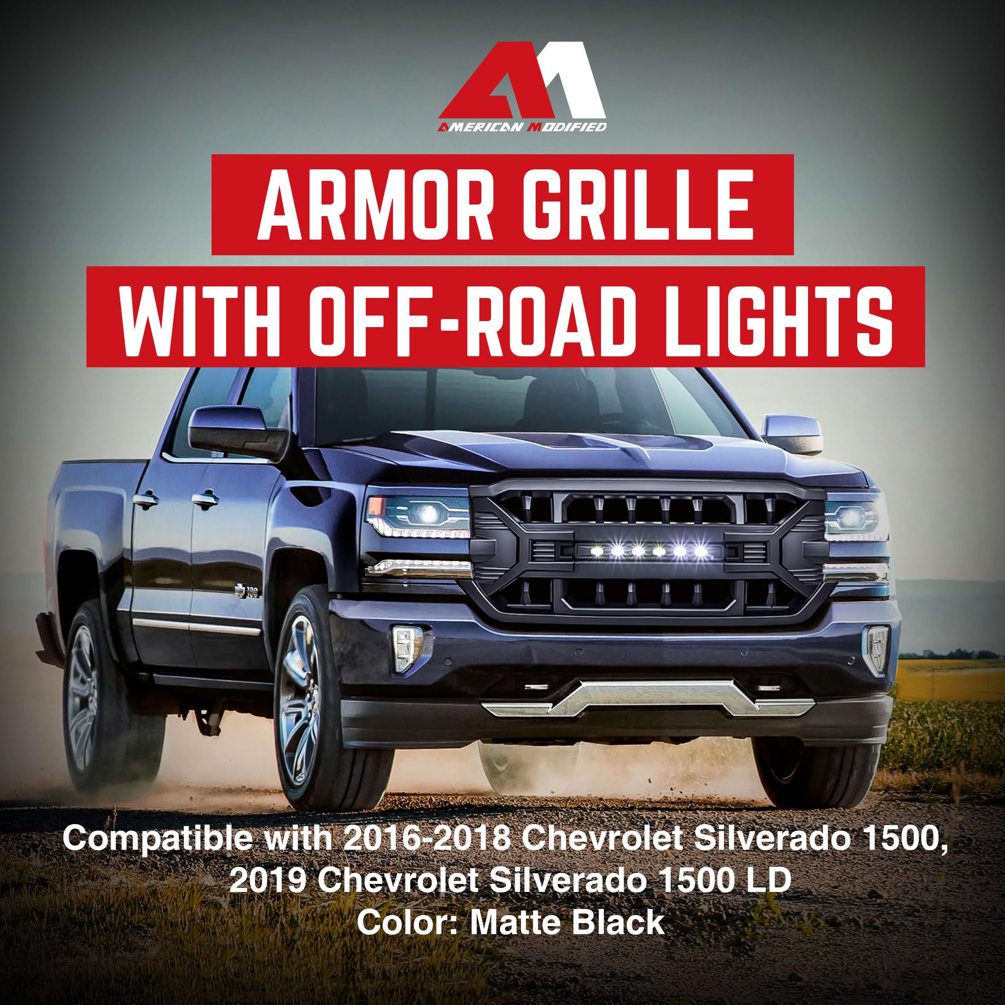 AMERICAN MODIFIED Armor Grille with Off-Road LED Lights Compatible with Chevrolet Silverado 1500, 2016 to 2019 Models, Matte Bla