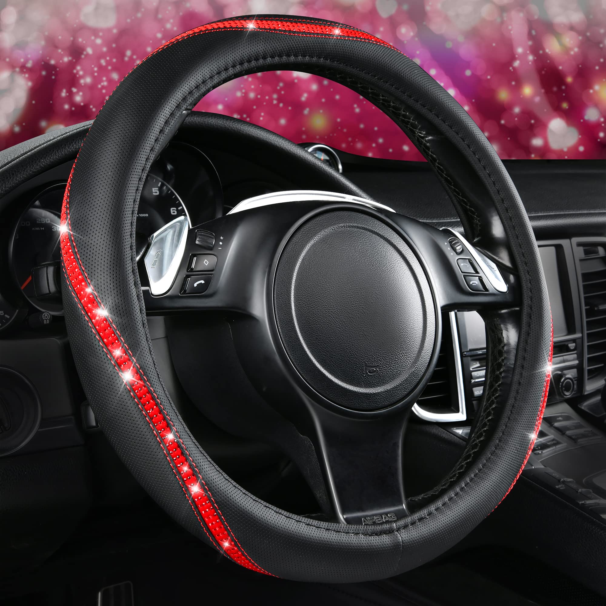 Car Pass Bling Diamond Black Leather Steering Wheel Cover, Studded Crystal Rhinestones Universal Fit 14' 1/2-15' Glitter For Women Sparkle Girl Fit Suvs,Vans,Sedans,Car,Trucks, Red Diamond