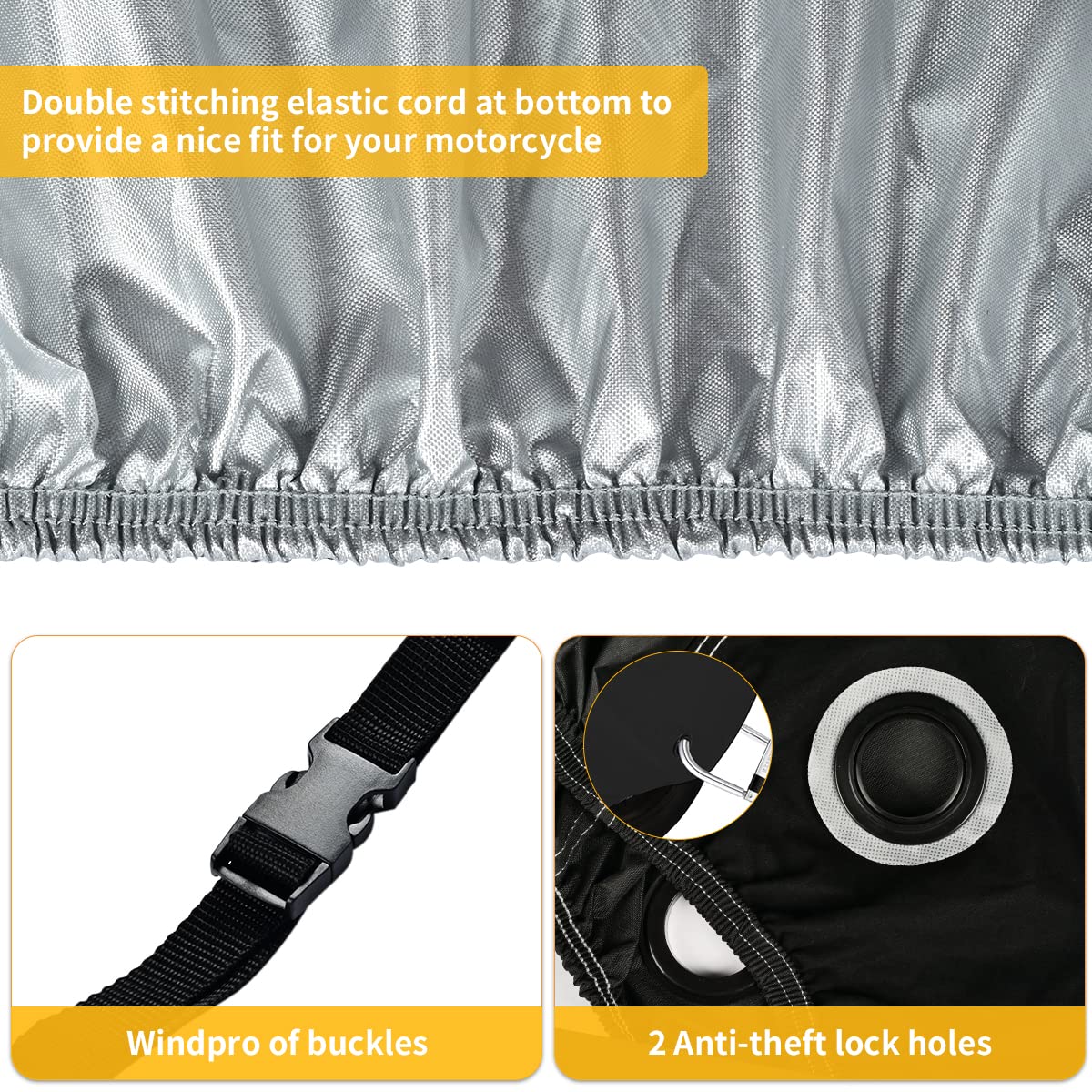 Coverado Motorcycle Cover - Waterproof, UV Proof, Flame Retardant, Fits Harley/Yamaha/Honda/Suzuki (L 83"x37"x49") Silver-Black Model CRMC3300