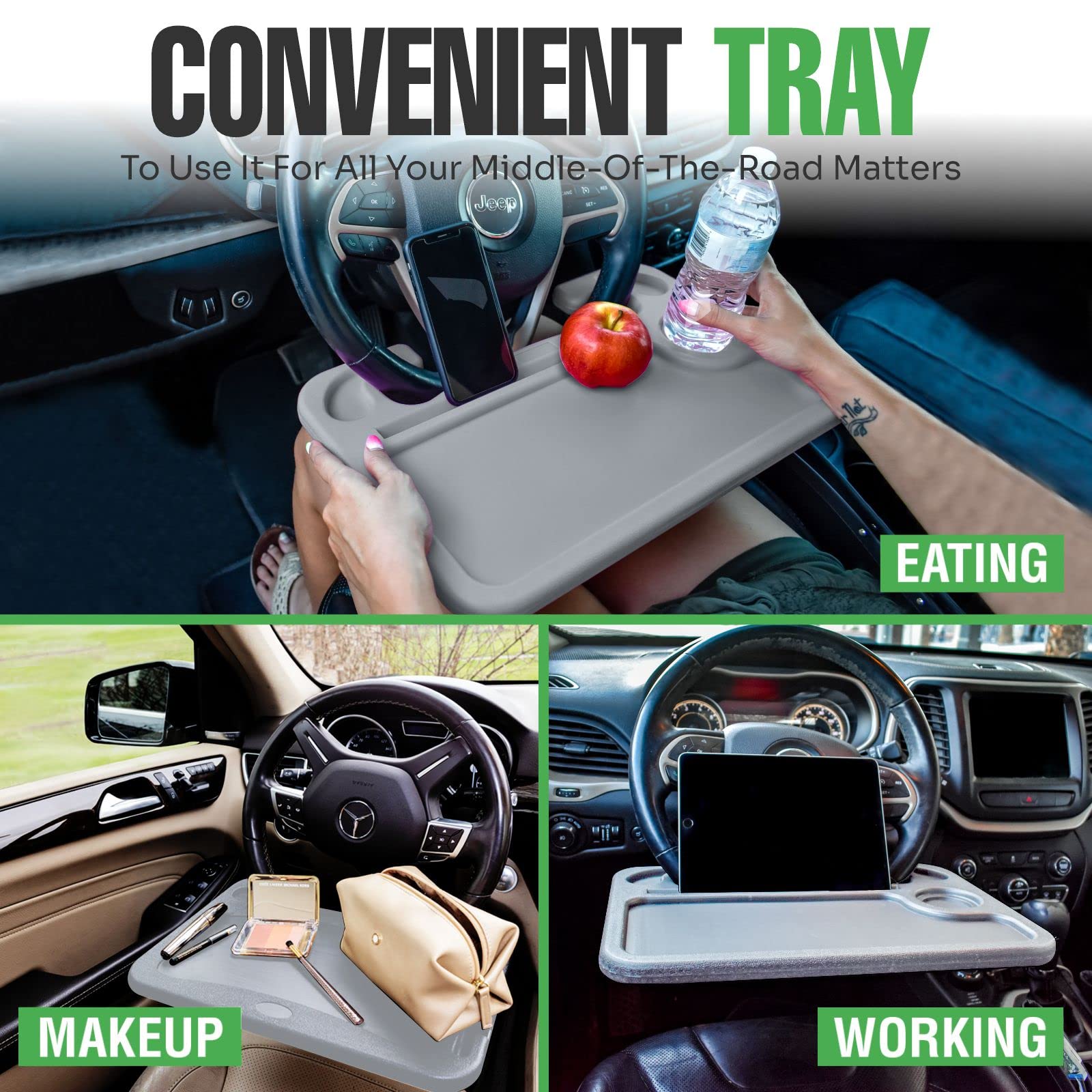 Lebogner Steering Wheel Tray, Car Food Trays For Eating With Tablet Slot, Multipurpose Double-Sided Hook On Travel Auto Steering