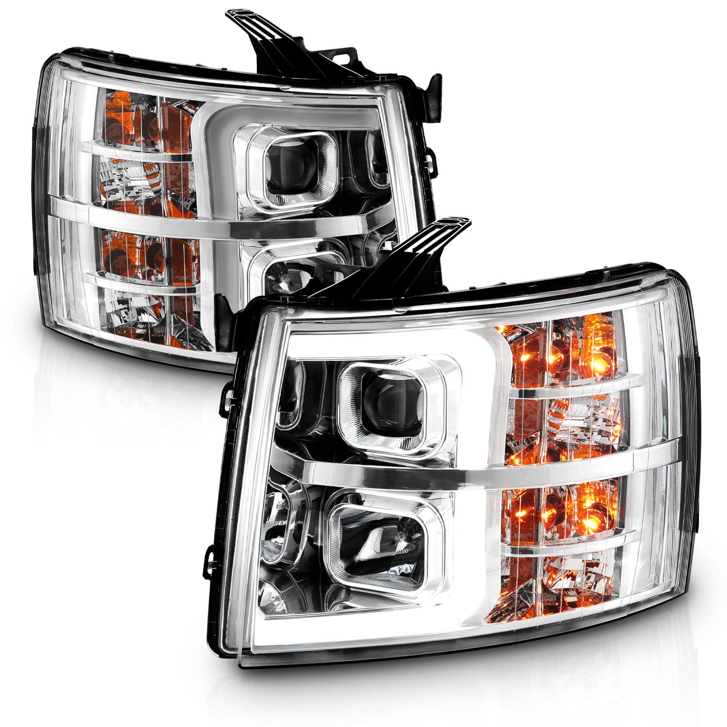 Amerilite For 2007-2013 Chevy Silverado 1500/07-14 Silverado 2500Hd 3500Hd Led, Halogen, Tube Quad Projector Chrome Car Headligh
