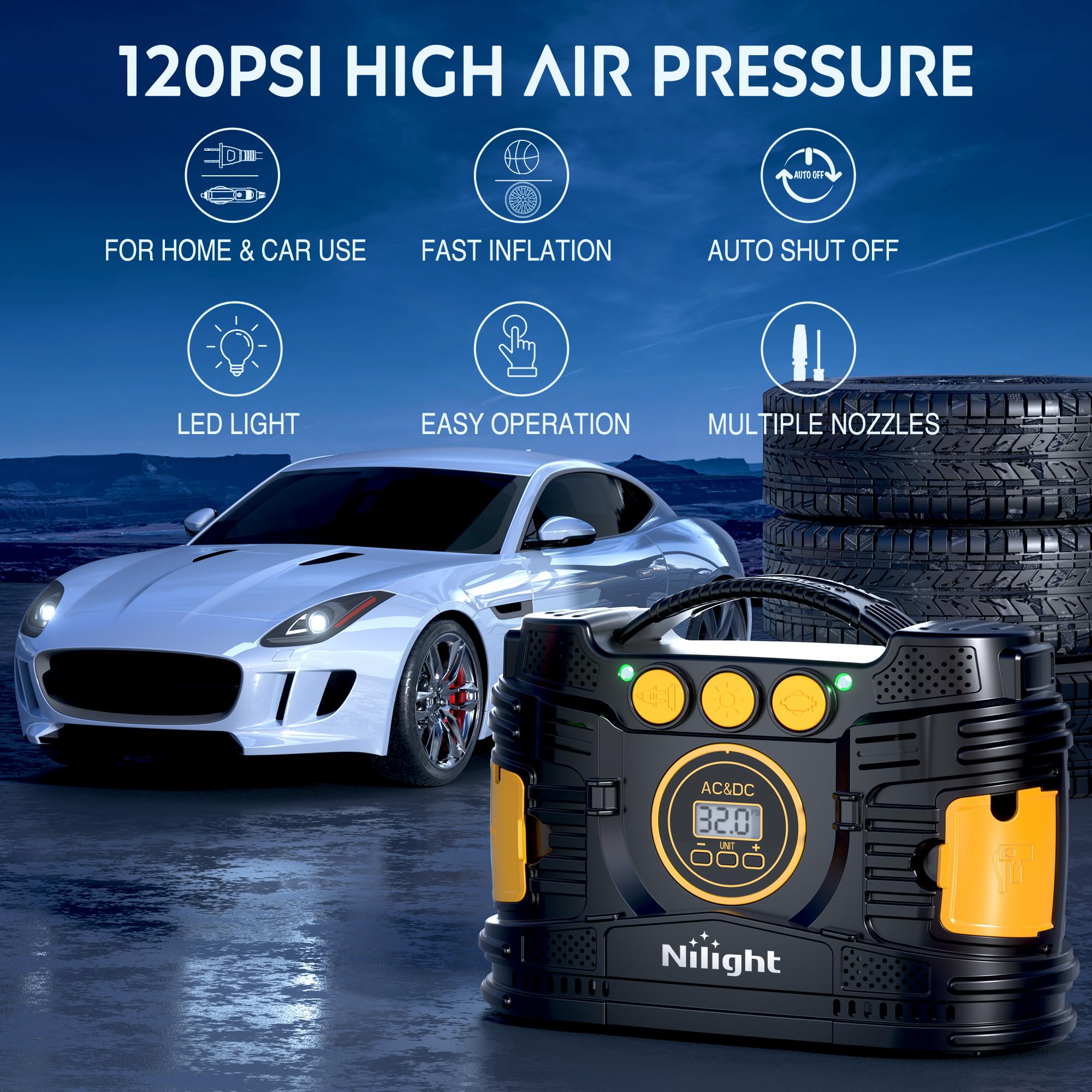 Nilight Tire Inflator Portable Air Compressor Dual Power For Car 12V Dc And Home 110V Ac Tire Pump W/Tire Pressure Gauge Fast In