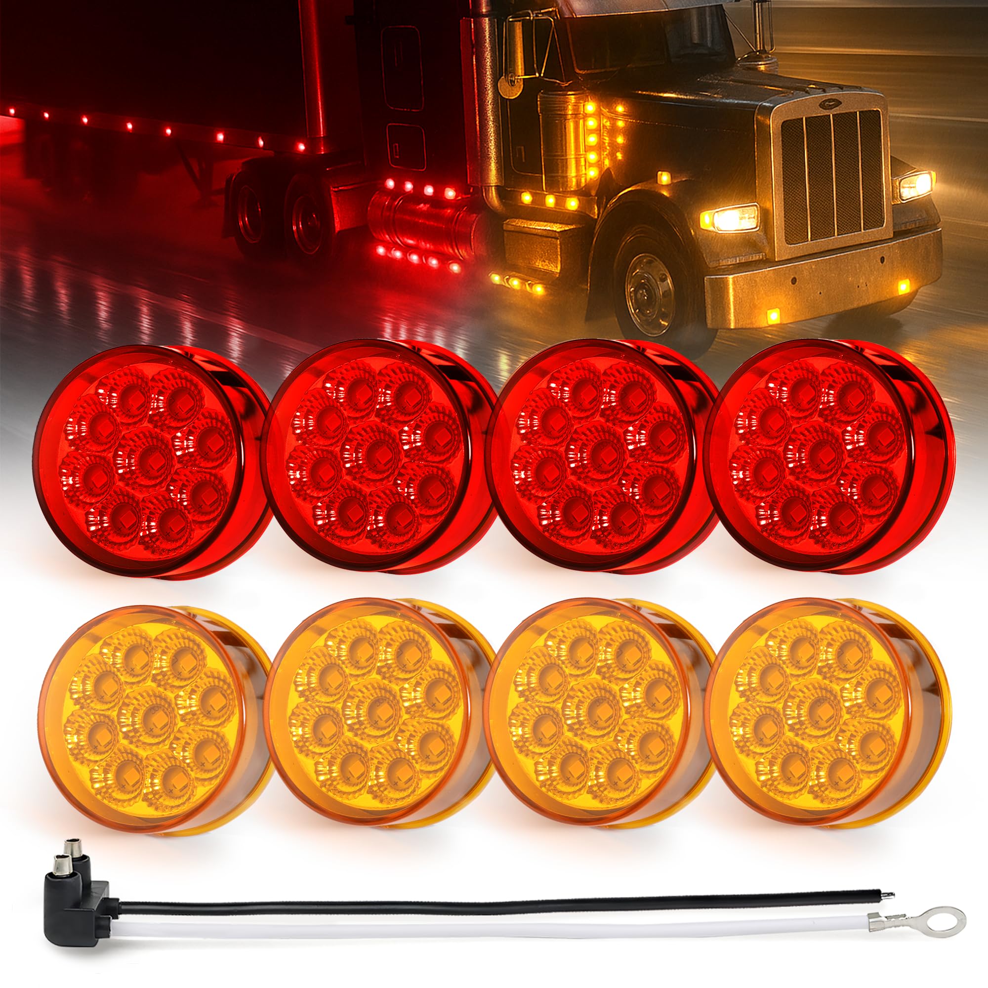MADCATZ 8Pcs 2 Inch Round 4 Amber + 4 Red LED Side Marker Lights 9LEDs Reflectors with 2 Prong Pigtail Sealed Waterproof 12V for