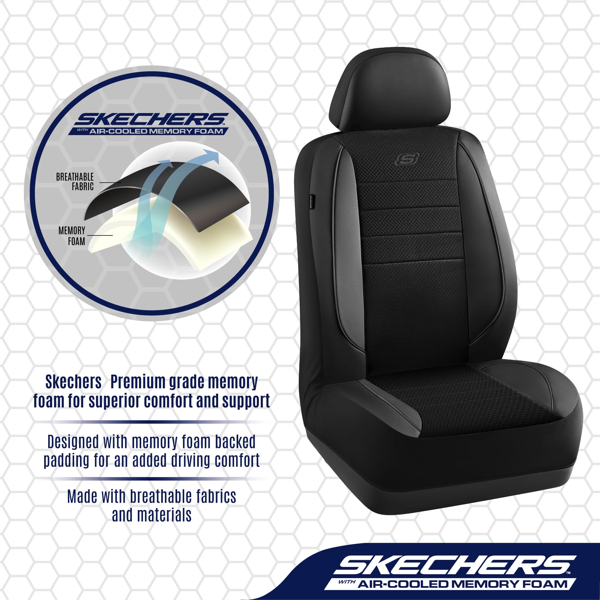 Skechers Memory Foam Car Seat Covers,Air Cool Mesh Thick Seat Covers,Piping Leather Car Seat Protector,Airbag Compatible,Automot