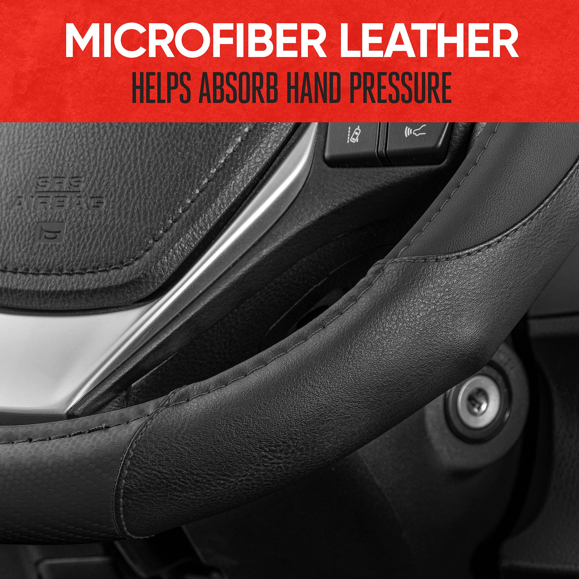 Motor Trend GripDrive Black Carbon Fiber Steering Wheel Cover, Standard 15 inch Size, Black Faux Leather Comfort Grip, Car Steer