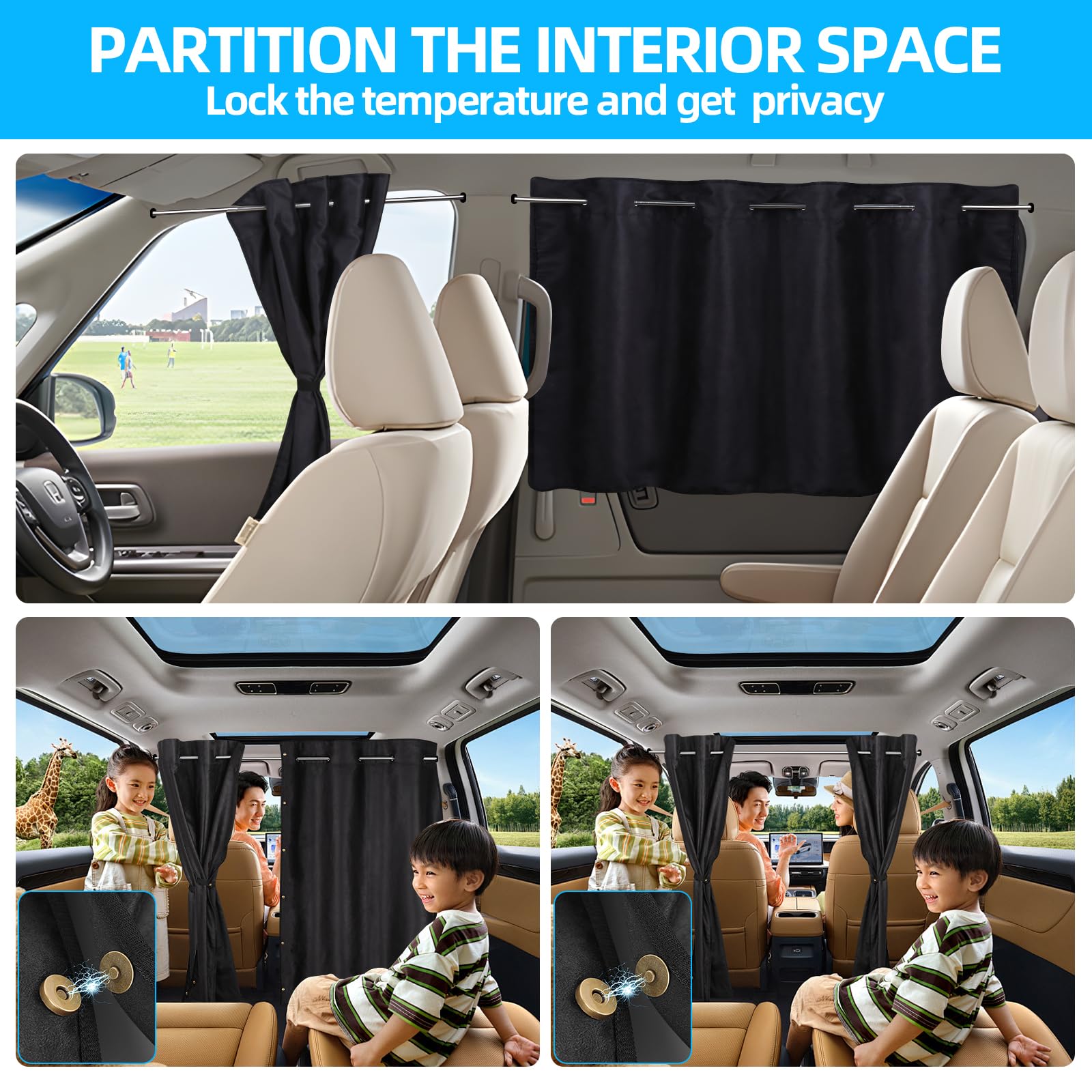 Zatooto Car Window Shades With Rods Set Of 3, Side Window Shade For Back Window & Privacy Blackout Car Divider Curtain Set Opaqu