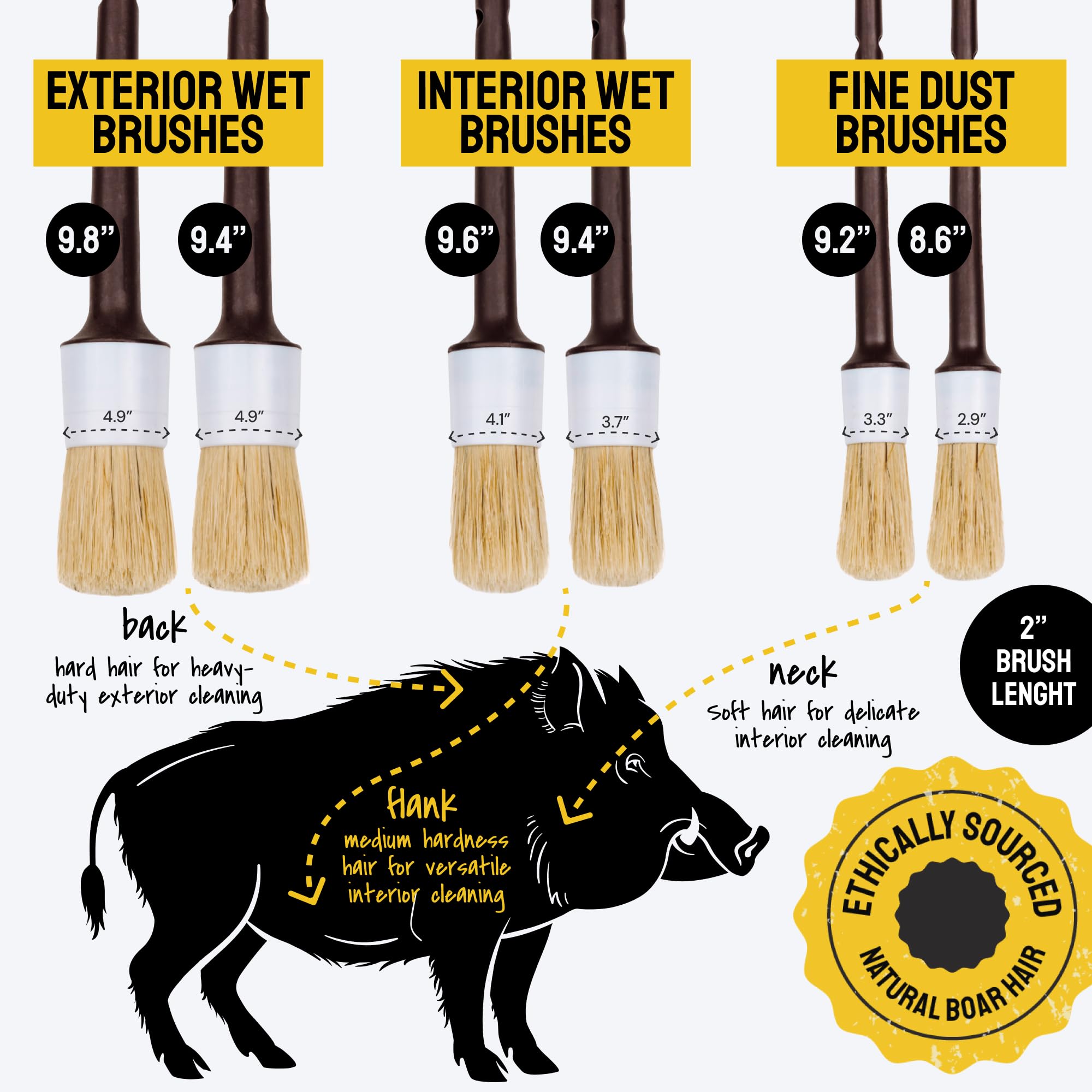 Detail Dudes Soft Boar Hair Car Detailing Brush Set - 6 Pack - Scratch-Free, Ergonomic, Durable Cleaning Brushes - Brown