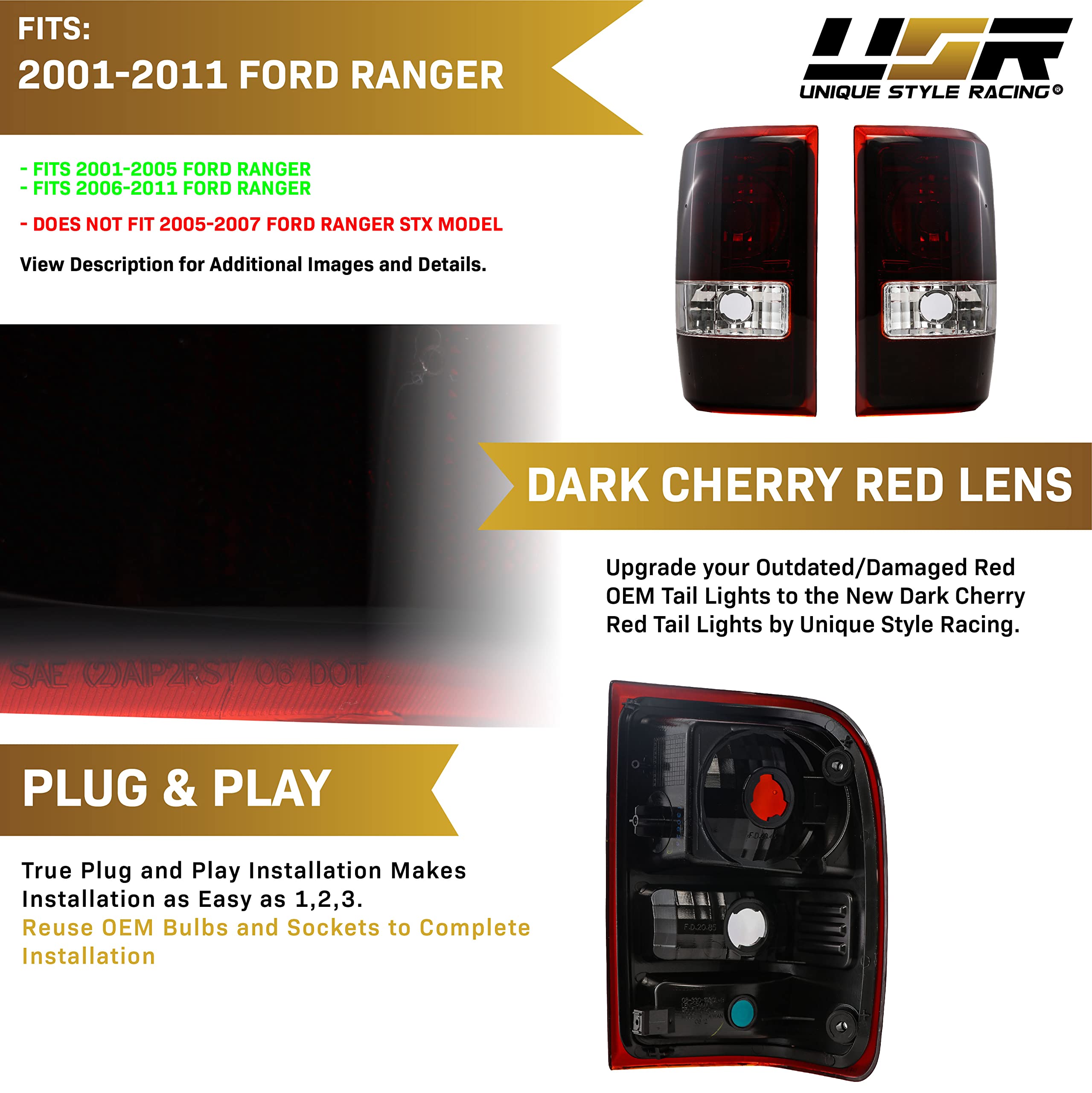 USR UNIQUE STYLE RACING Rear Tail Lights for 2001-2011 Ford Ranger, Dark Cherry Red Lens, Plug and Play, 2 PC Set