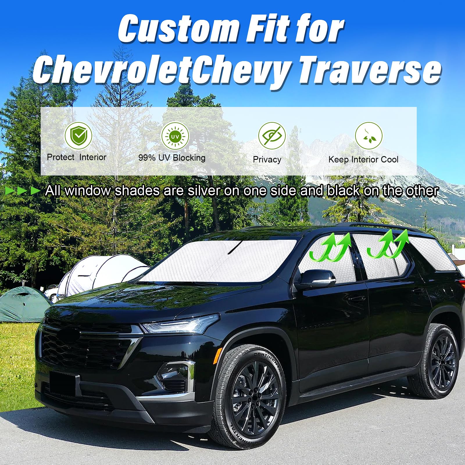 KMF 8pcs Full Window Sun Shades for Chevy Traverse 2018-2023, Black UV Block Car Window Covers, Privacy Sunshade for Camping/Baby