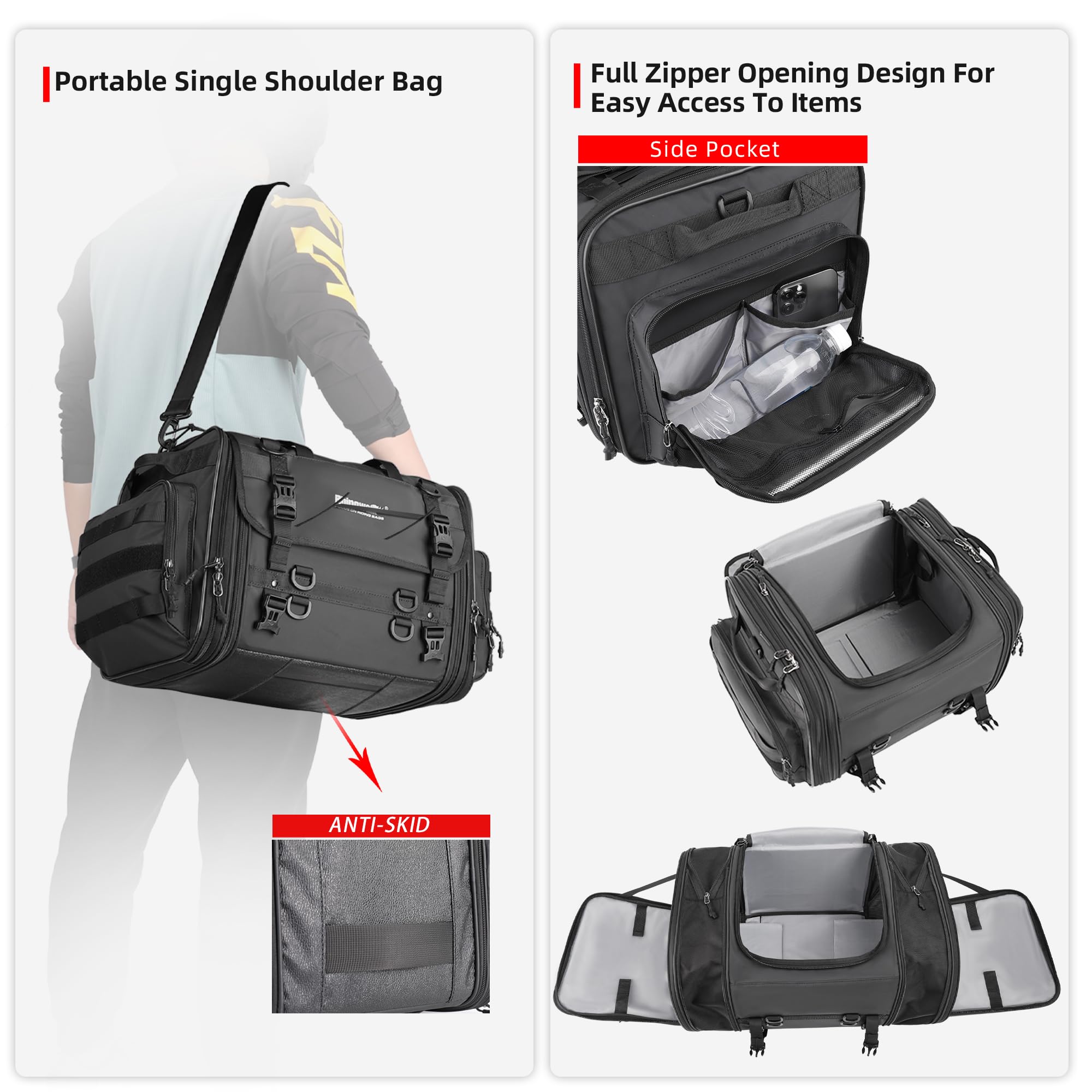 Rhinowalk Motorcycle Tail Bag - Expandable 80L Waterproof Luggage, Black, Model MT4080-1, Ideal for All Weather Travel