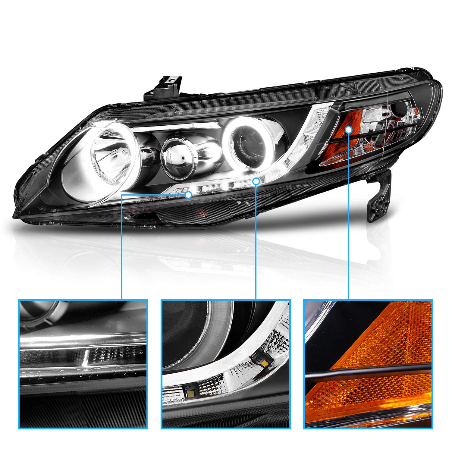 AmeriLite Halogen Projector Headlights with Amber LED Halo for 2006-2009 Honda Civic 4 Door/Hybrid Sedan, Black, Driver & Passenger Side