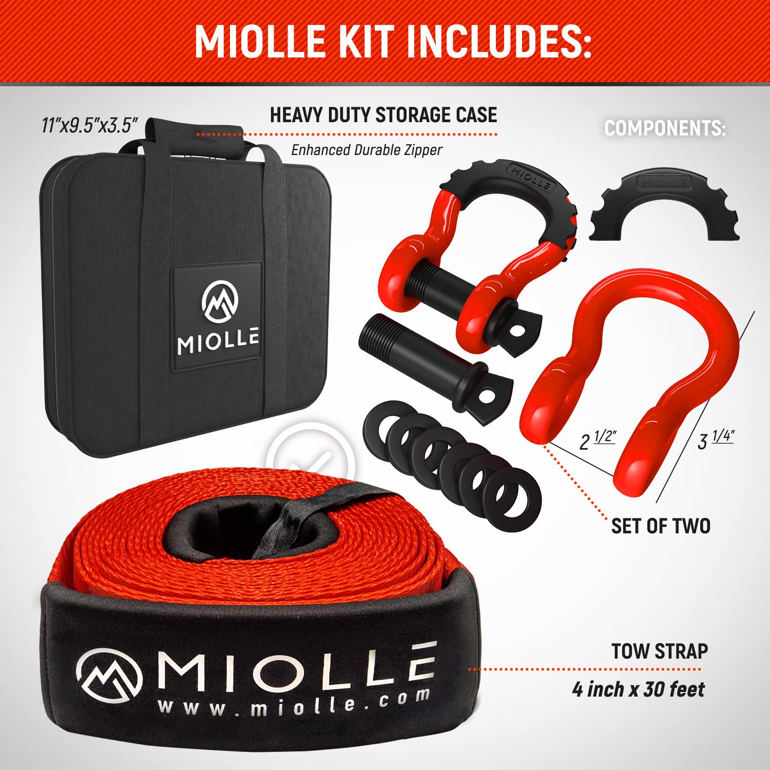 Miollegear Tow Strap 4   X30- 45000Lbs Mbs (Lab Tested) Recovery Strap Kit Includes: Tow Rope, 2 D-Ring Shackles Mbs- 62700Lbs,