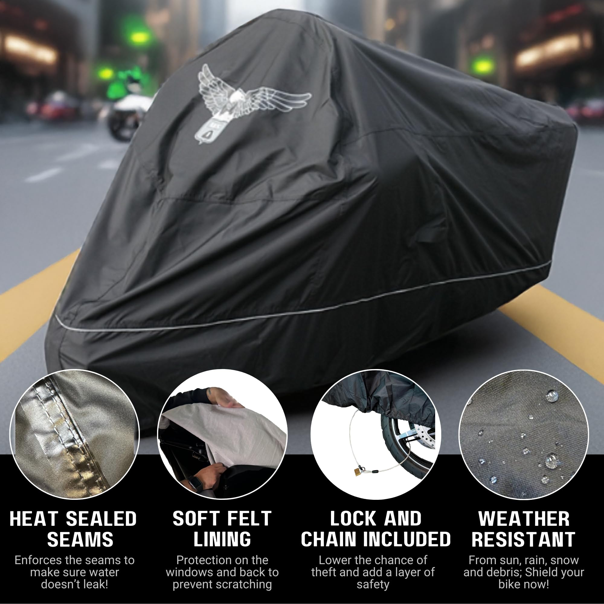 Formosa Covers Motorcycle Cover - Premium Heavy Duty All Weather Protection, XXL Deluxe, Black, Fits up to 108" Length, Model hw500 Eagle