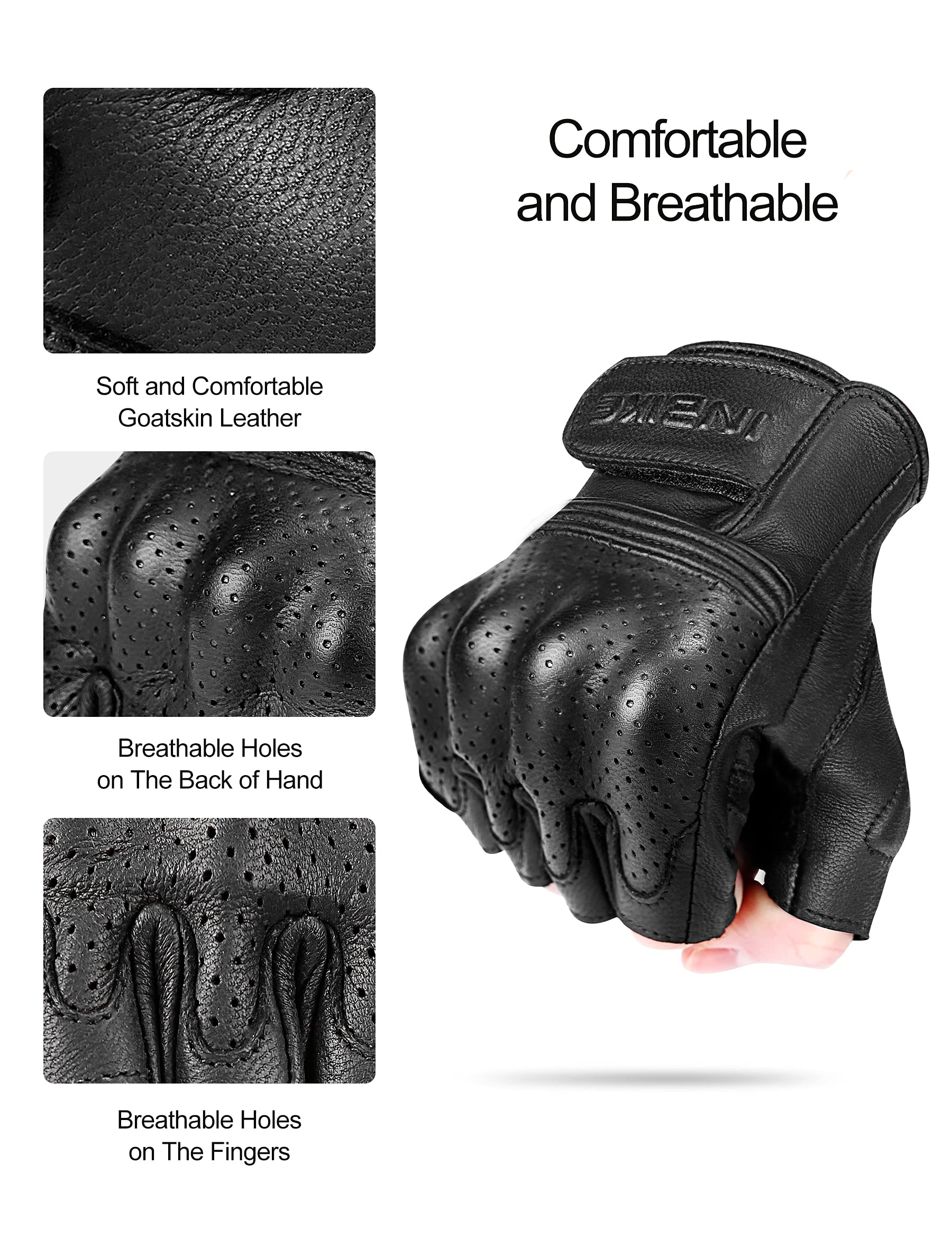 Inbike Fingerless Motorcycle Gloves Summer Breathable Goatskin Leather Wear Resistant Hard Knuckle Black X-Large