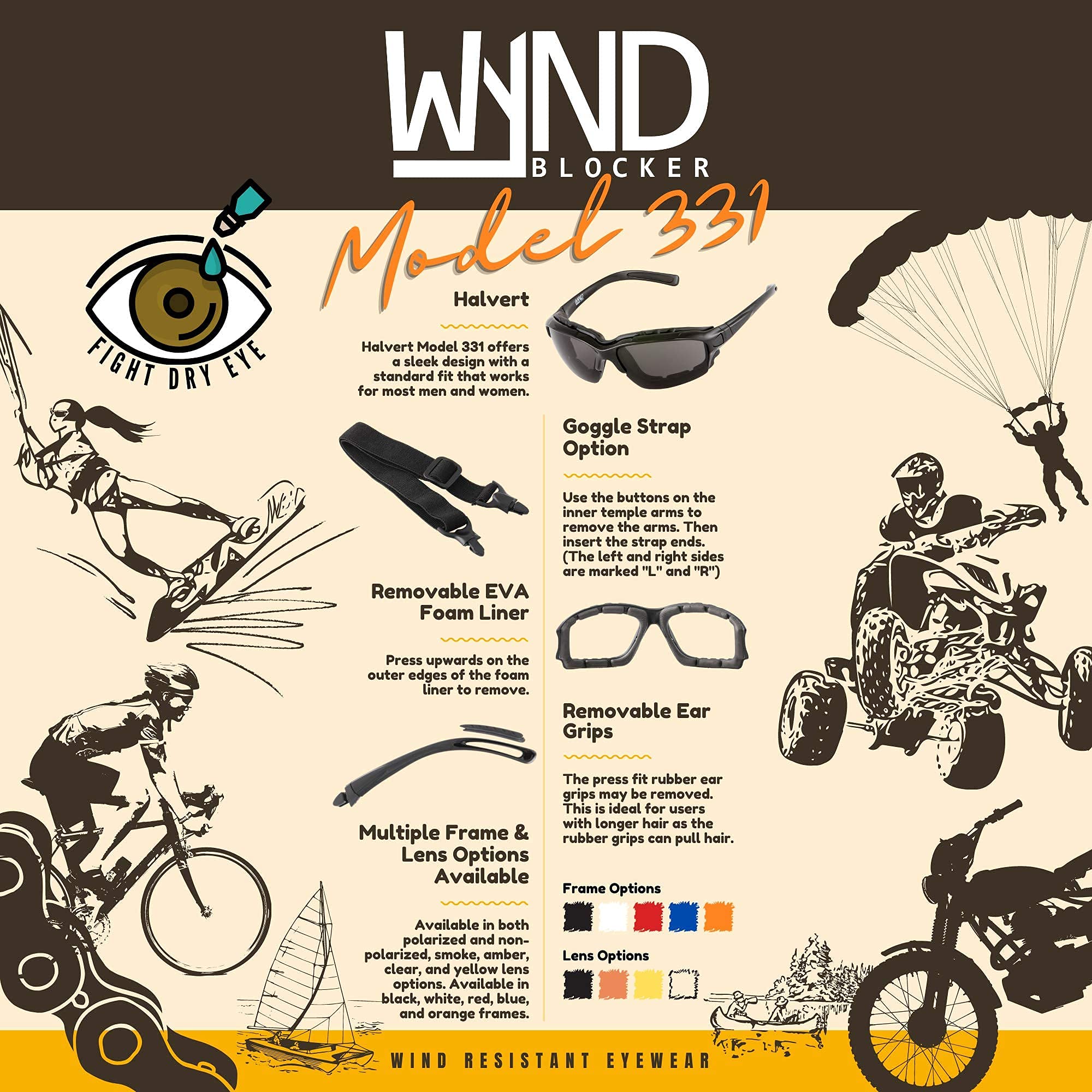 Wynd Blocker Polarized Motorcycle Riding Sunglasses Sports Wrap Glasses, Black, Polarized Smoke