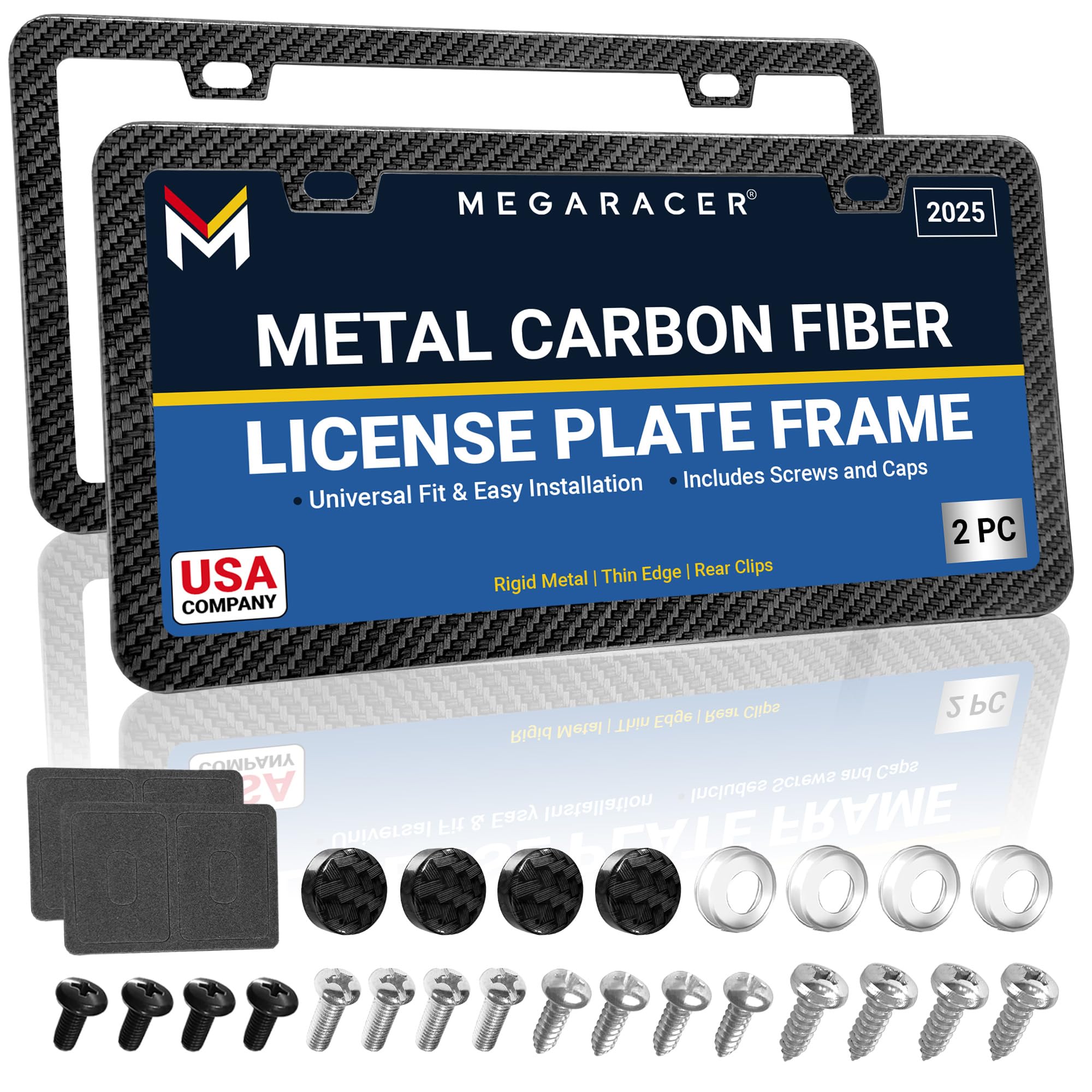 Slimline Carbon Fiber Metal License Plate Frames | 2 Pack | Screws Fits Bmw Tesla Mercedes Porsche Audi Lexus | Slim Thin Cool B