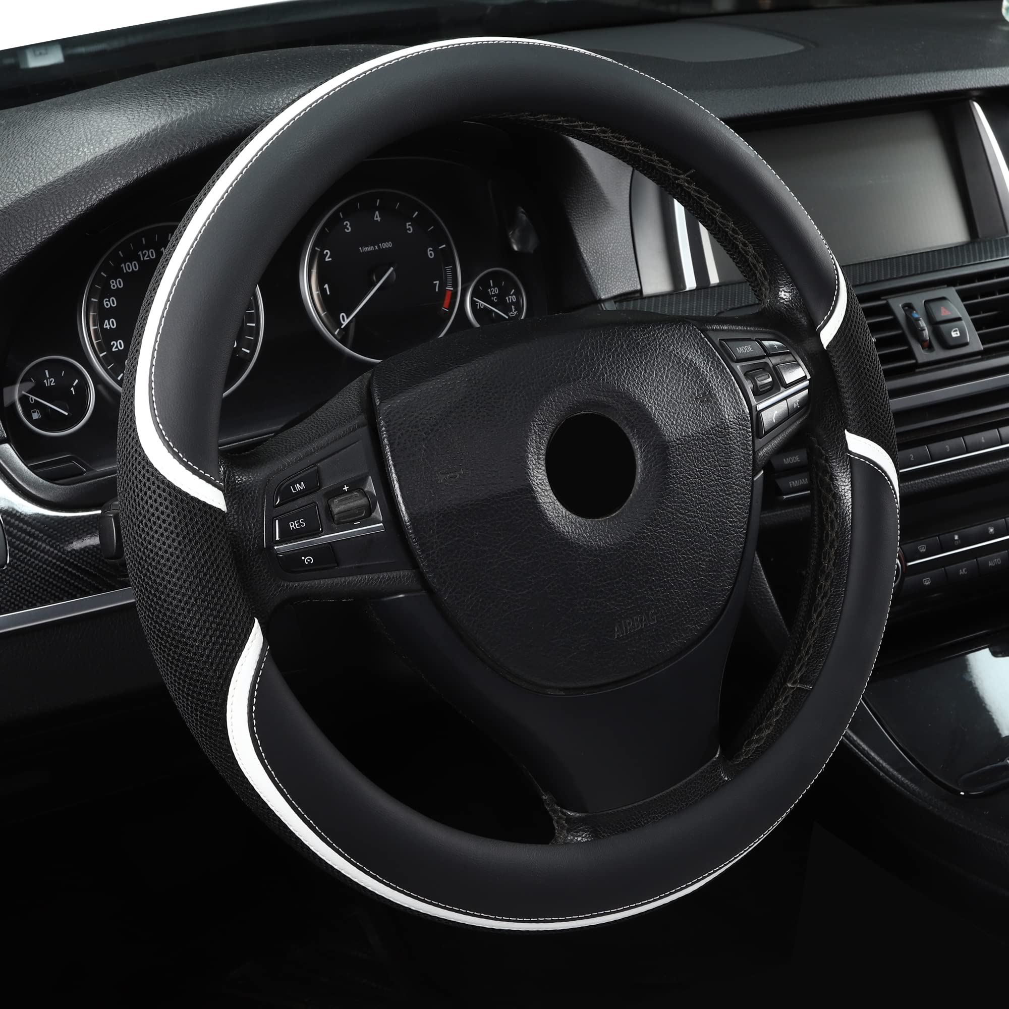 Microfiber Leather 16'' Universal Fit Car Steering Wheel Cover, Elastic Nonslip Breathable And Odorless, Black & White Grip