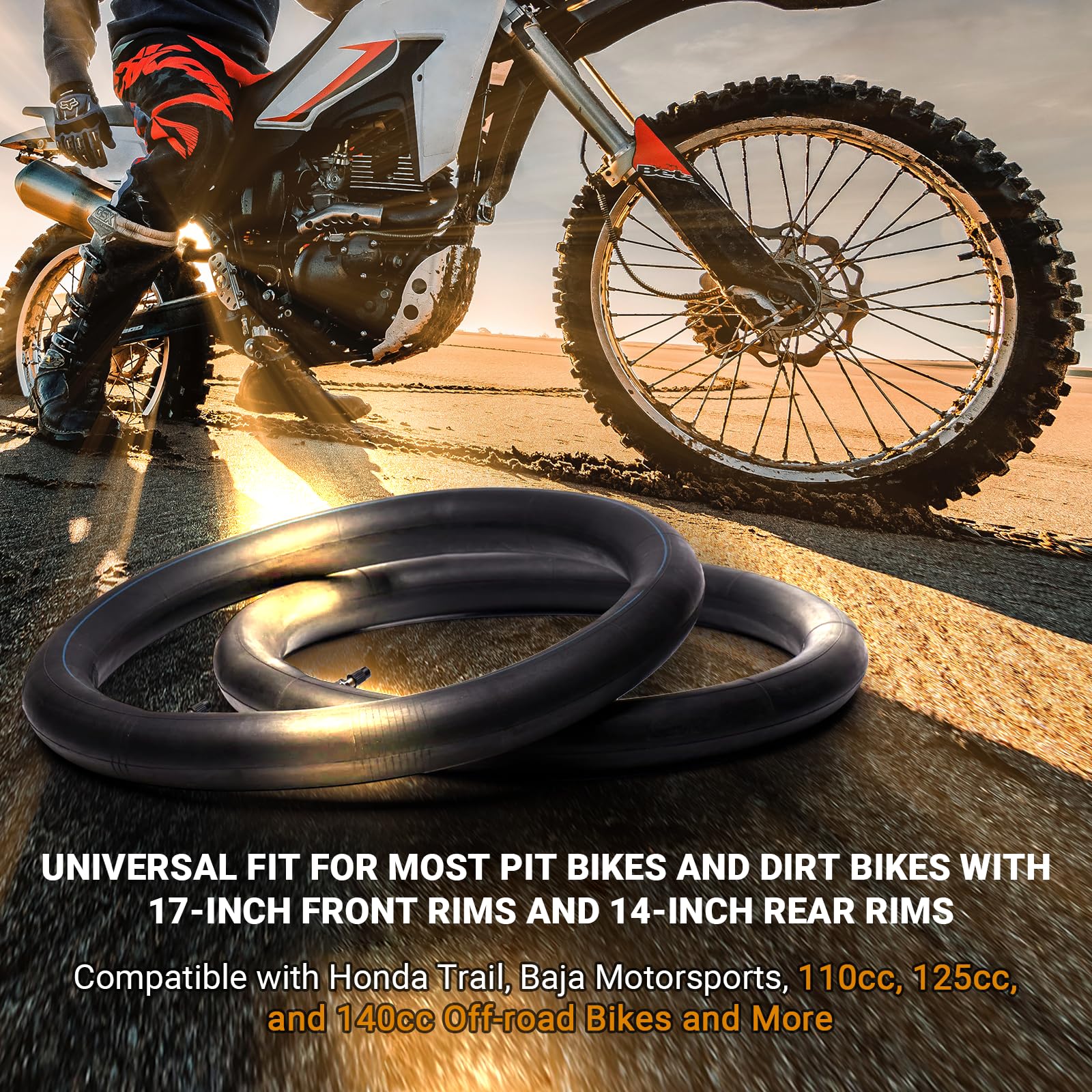 (2-Pack) 2.75-17 (70/100-17) Front and 3.00-14 (90/100-14) Rear Inner Tube for Dirt Bike Tires - Compatible with Honda Trail, Ba