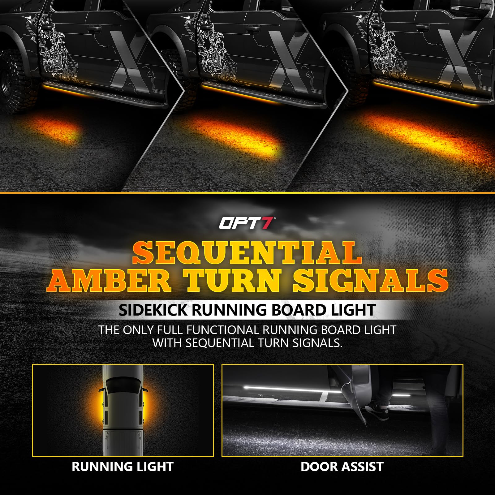 OPT7 Sidekick 86" LED Running Board Lights, Amber Sequential Turn Signal, White Courtesy Light for Extended Crew Cab Trucks