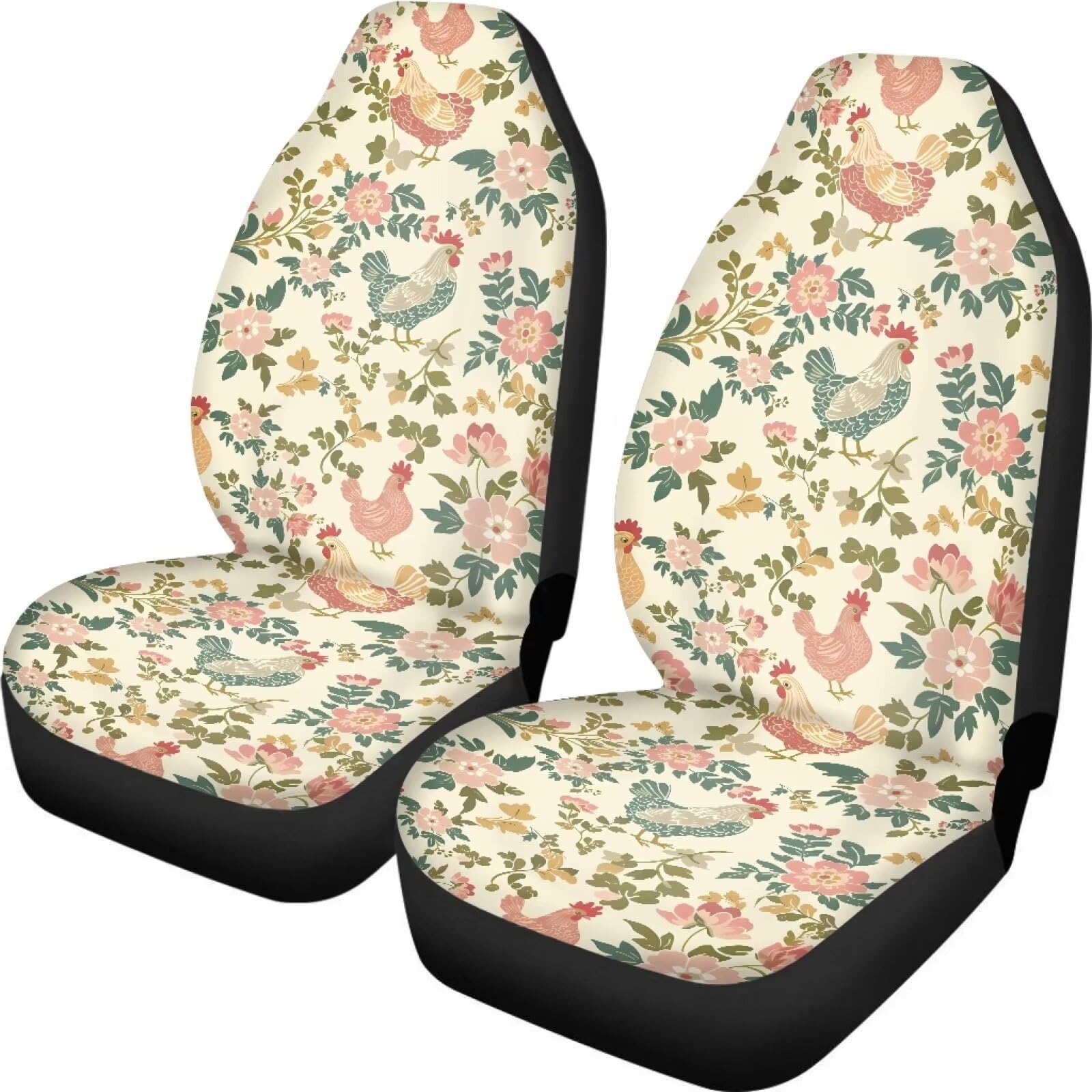 Talayituse Rooster Chicken Flower Print Car Seat Cover Front Seats Only Full Set of 2, Universal Bucket High Back Car Front Seat
