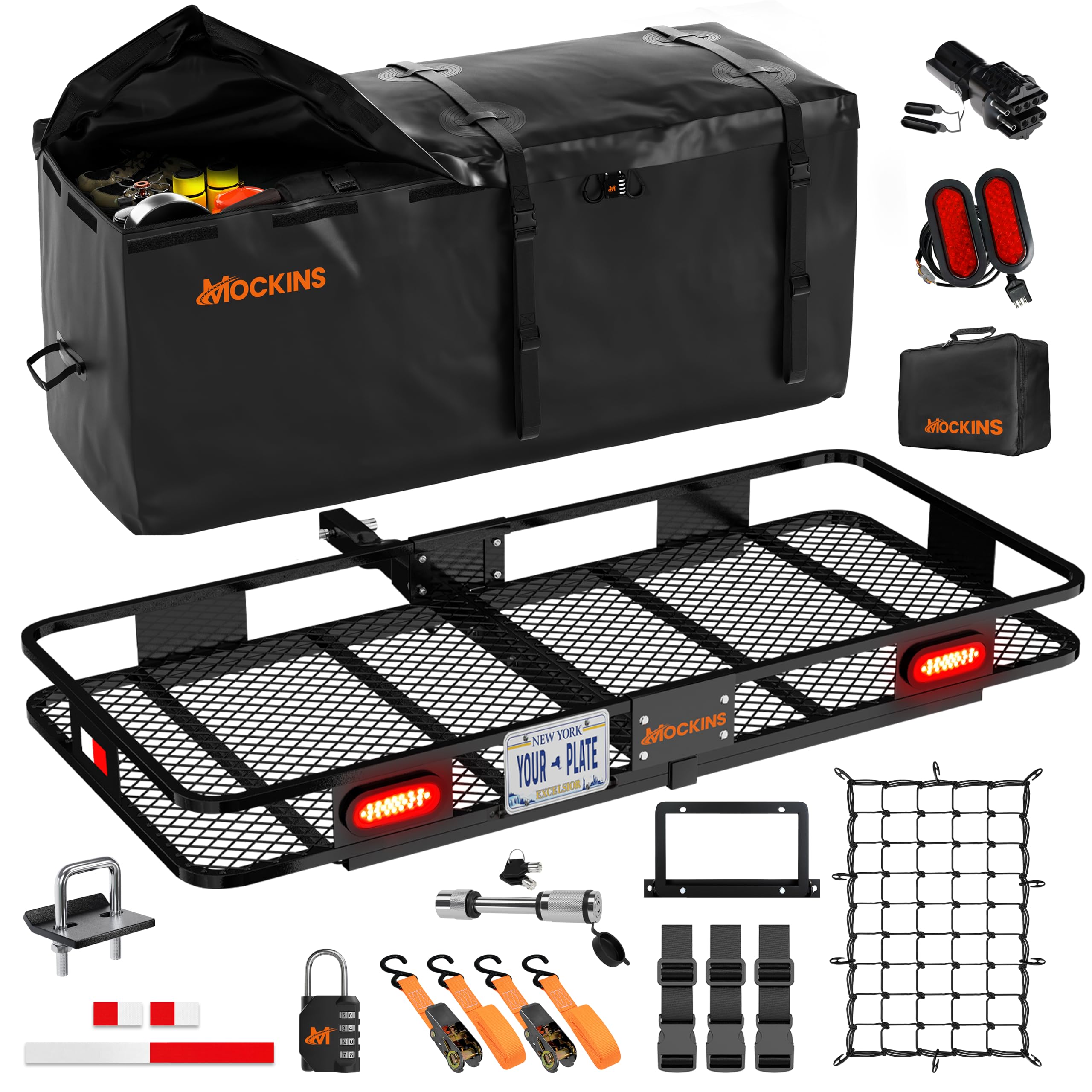 Mockins 60x20x6 Heavy Duty Folding Trailer Hitch Cargo Carrier w/ 20 CuFt Waterproof Truck Bag | 500 Lbs Cap Weatherproof Cargo 