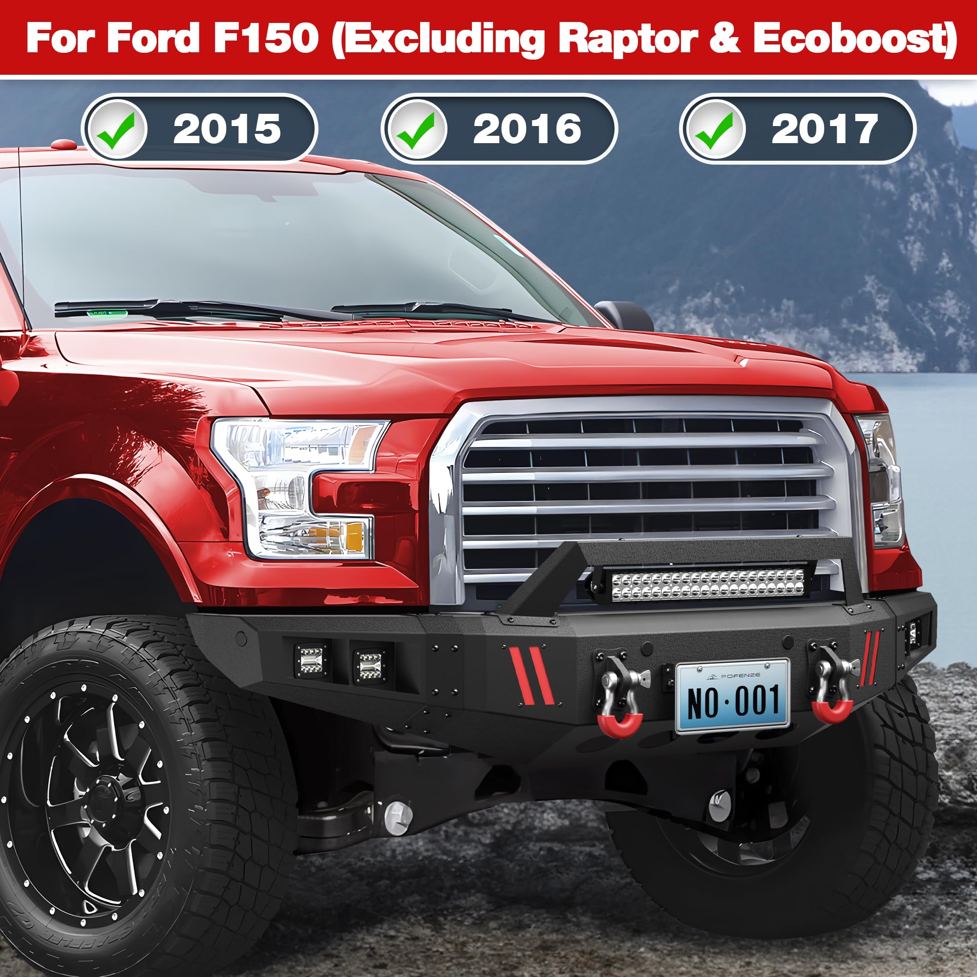 Longsun Front & Rear Bumpers for 2015-2017 Ford F150, Textured Black Carbon Steel, Model LS-2022032, Winch Plate & LED Lights