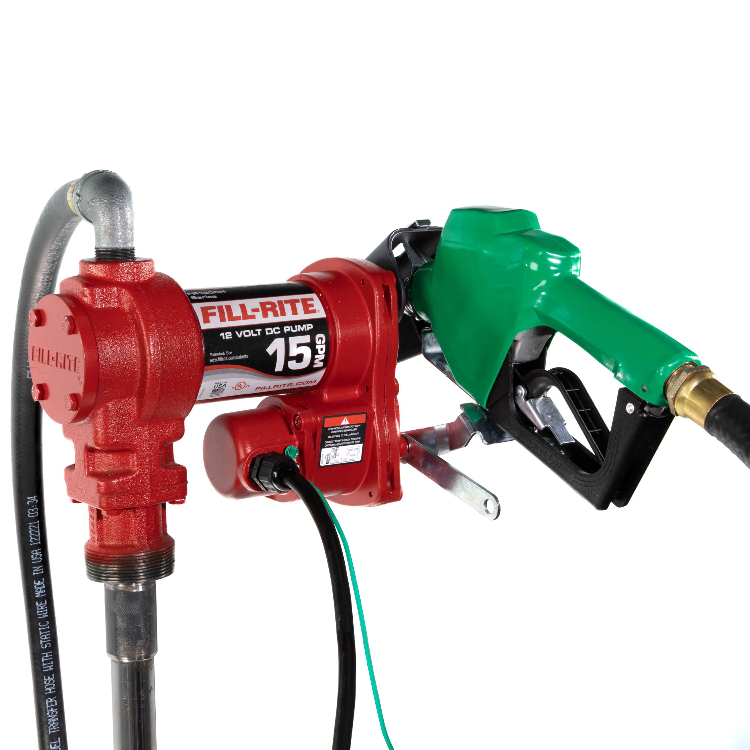 Fill-Rite FR1210HA1 12V 15 GPM Fuel Transfer Pump with Discharge Hose & Automatic Nozzle, Green - Gasoline, Diesel, Kerosene, Et