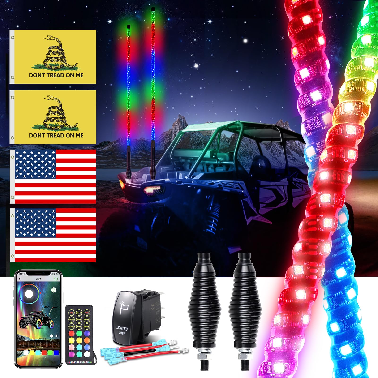 Viswiker 2PCS 3FT UTV Whip Lights with Spring Base & Rocker Switch, LED Whip Light with App & Remote Control, Spiral Chasing Col