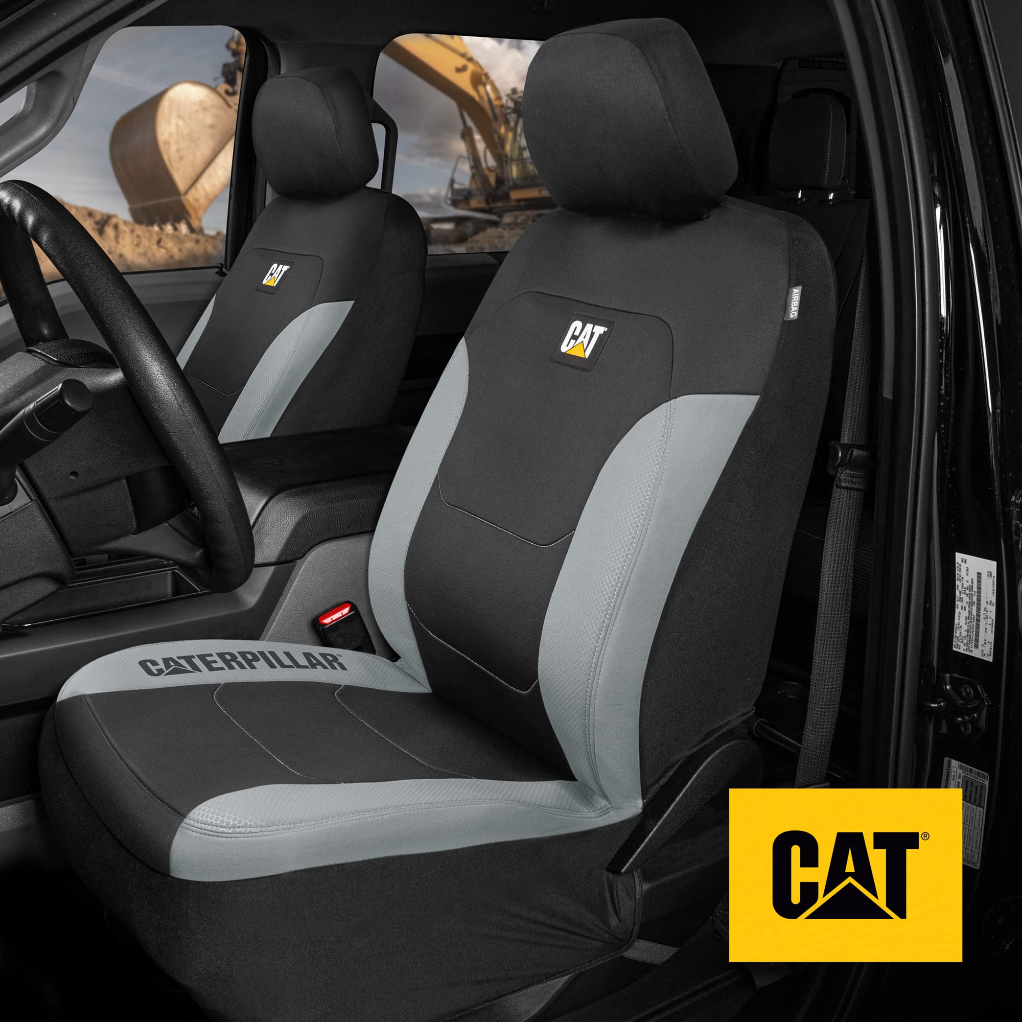 Caterpillar Flexfit Automotive Seat Covers For Cars Trucks And Suvs (Set Of 2) - Black Seat Covers For Front Seats, Seat Protect