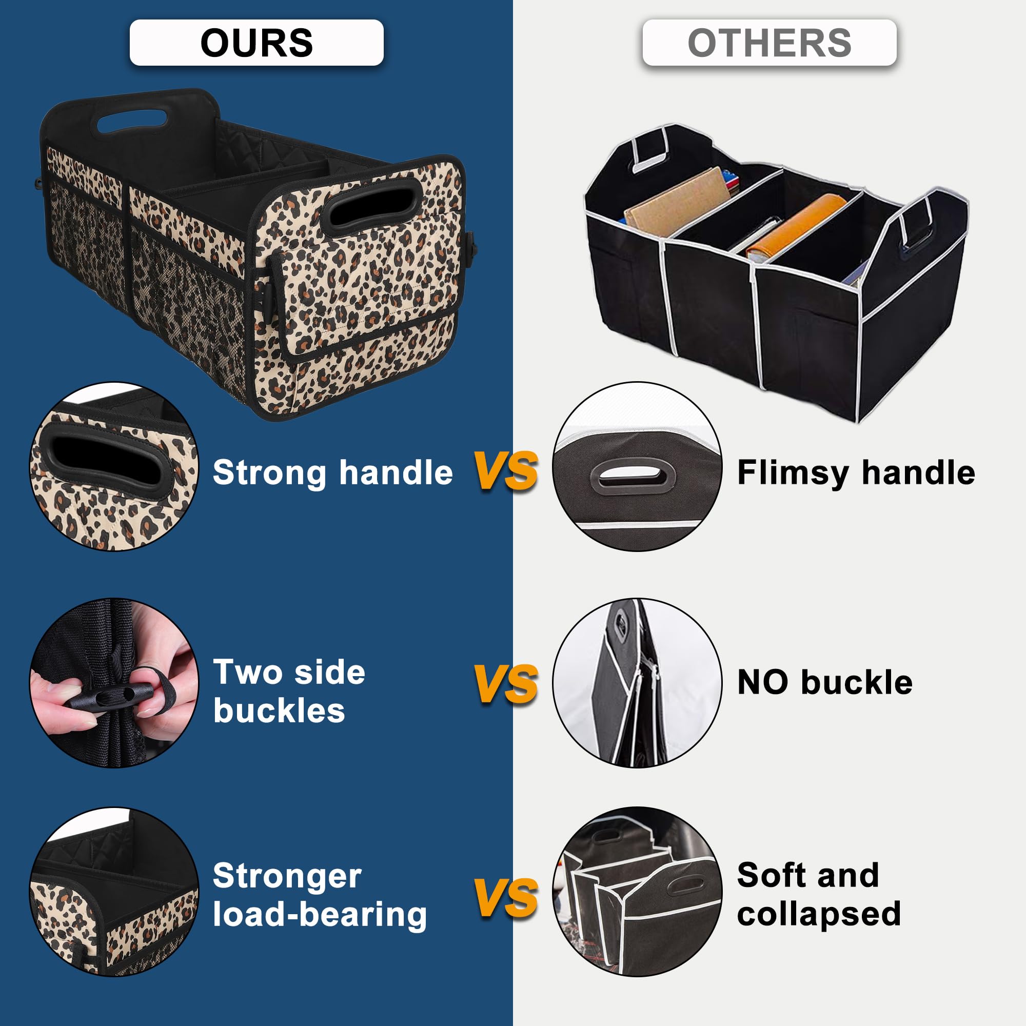 Deosk Car Trunk Organizer, 50L Waterproof Polyester, Medium Size, Leopard Print, 6 Pockets for SUV/Minivan/Truck