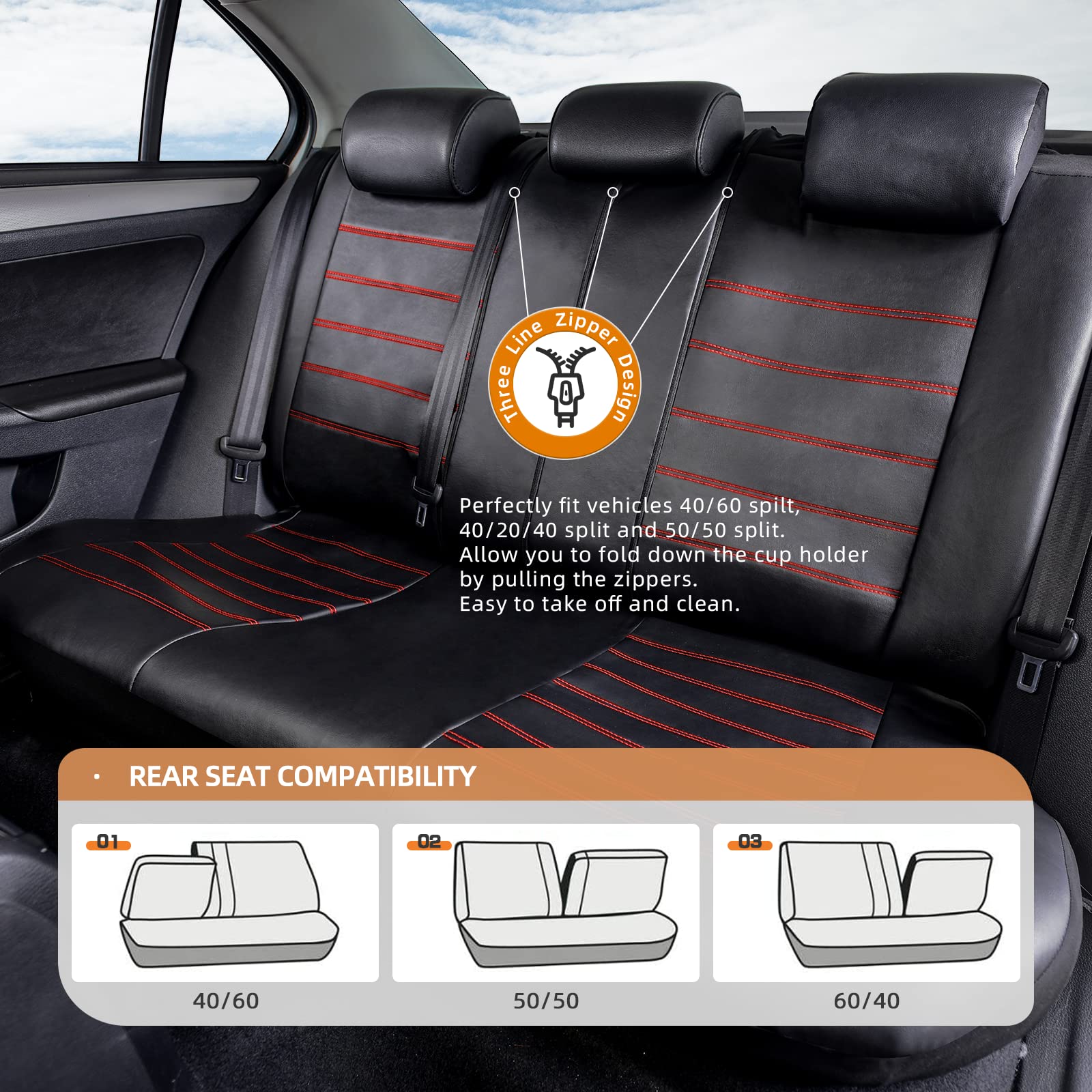 TOYOUN Classic PU Leather Car Seat Covers Full Set, Black-Red, Model TY7002RED, Fits Most Cars, Trucks, SUVs, Vans