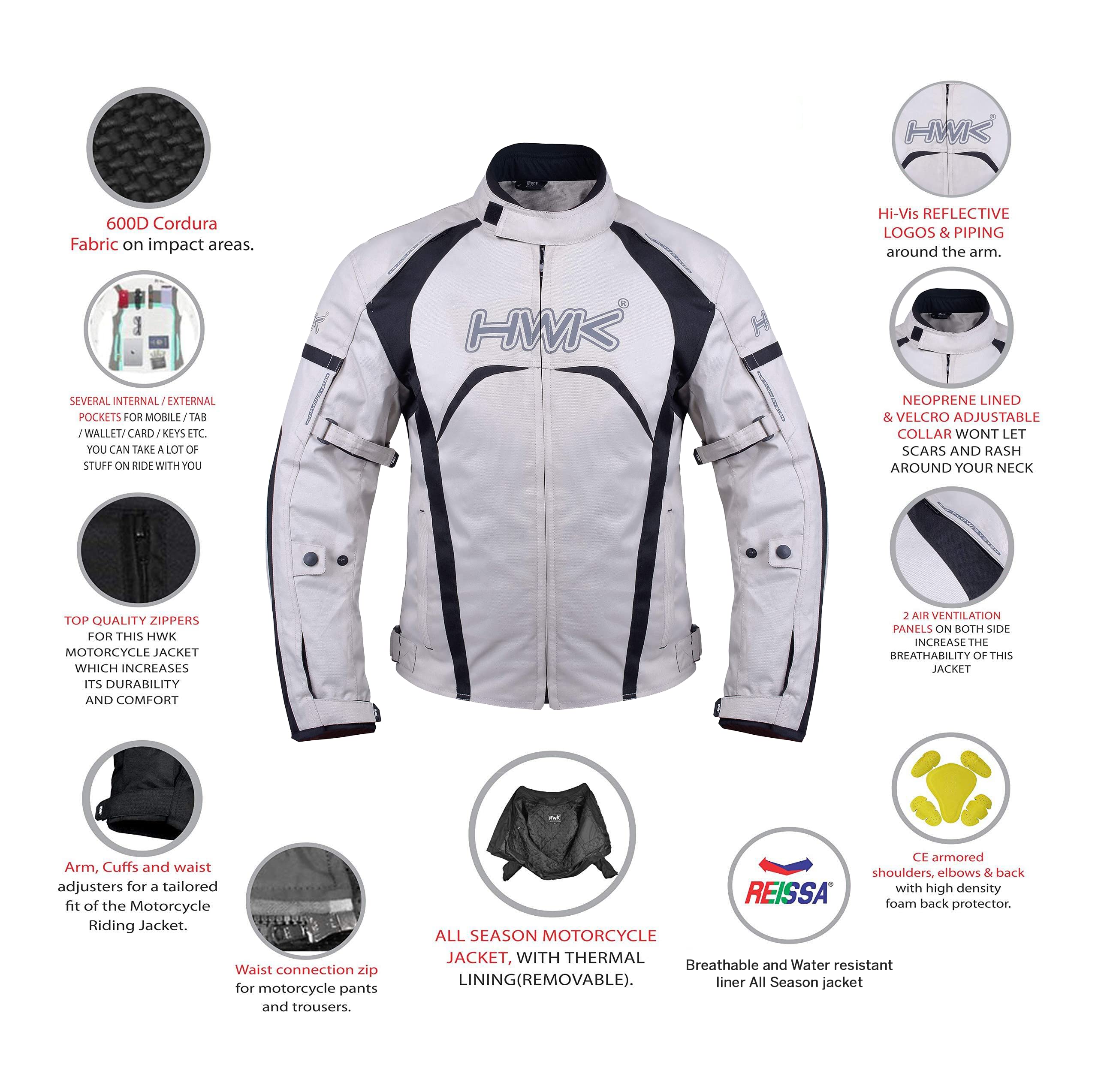 HWK Motorcycle Jacket Men's Hi-Vis Racing Textile, CE Armored, Water Resistant, Large, Silver, Model R-1