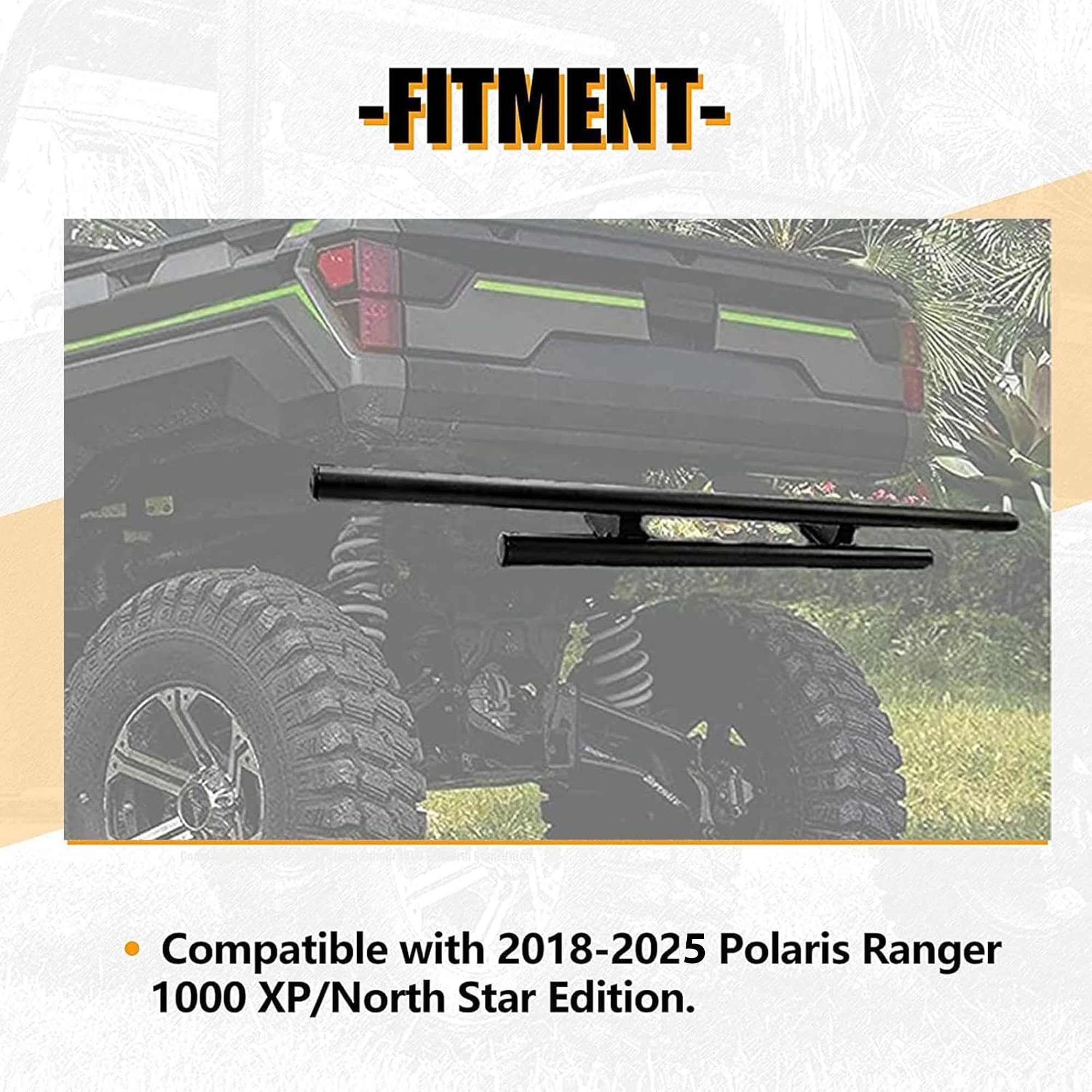 KUAFU Rear Bumper Guard for 2018-2025 Polaris Ranger 1000 XP, Alloy Steel, Black, Large, Model BL1172