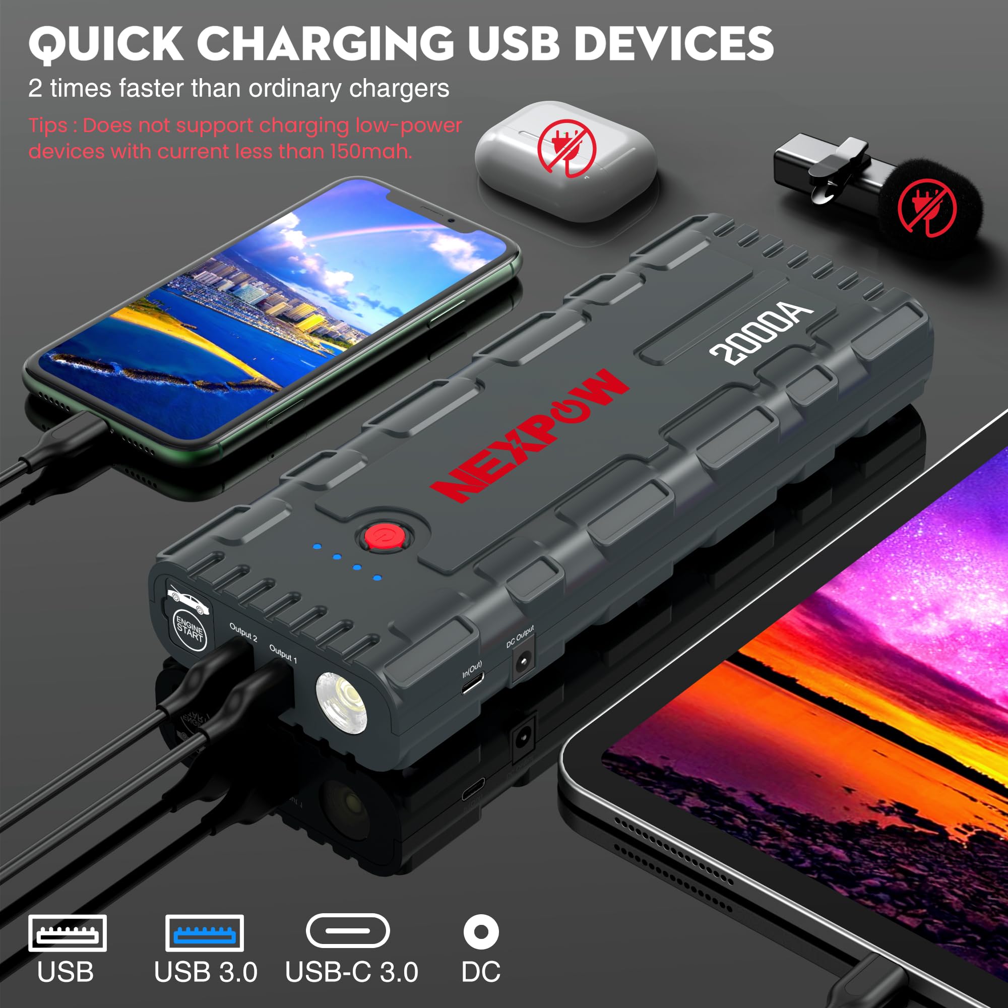 NEXPOW 2000A Peak Car Battery Jump Starter, USB Quick Charge 3.0, 12V Portable Booster, Gray, Model G17