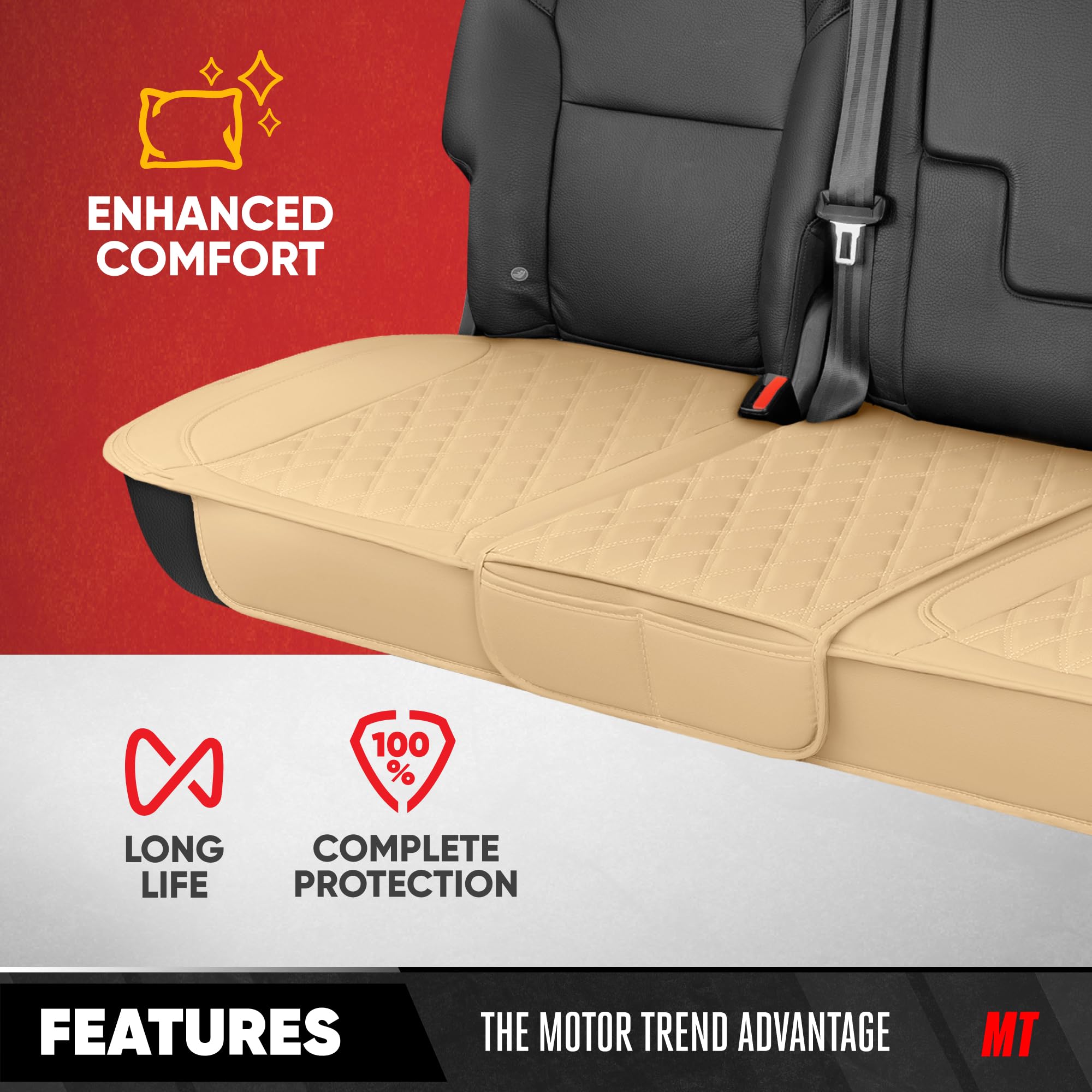 Motor Trend Rear Seat Cushion - Beige Faux Leather Cover, Padded & Waterproof, Model UMA32-MSC56, for Cars, Trucks, SUVs