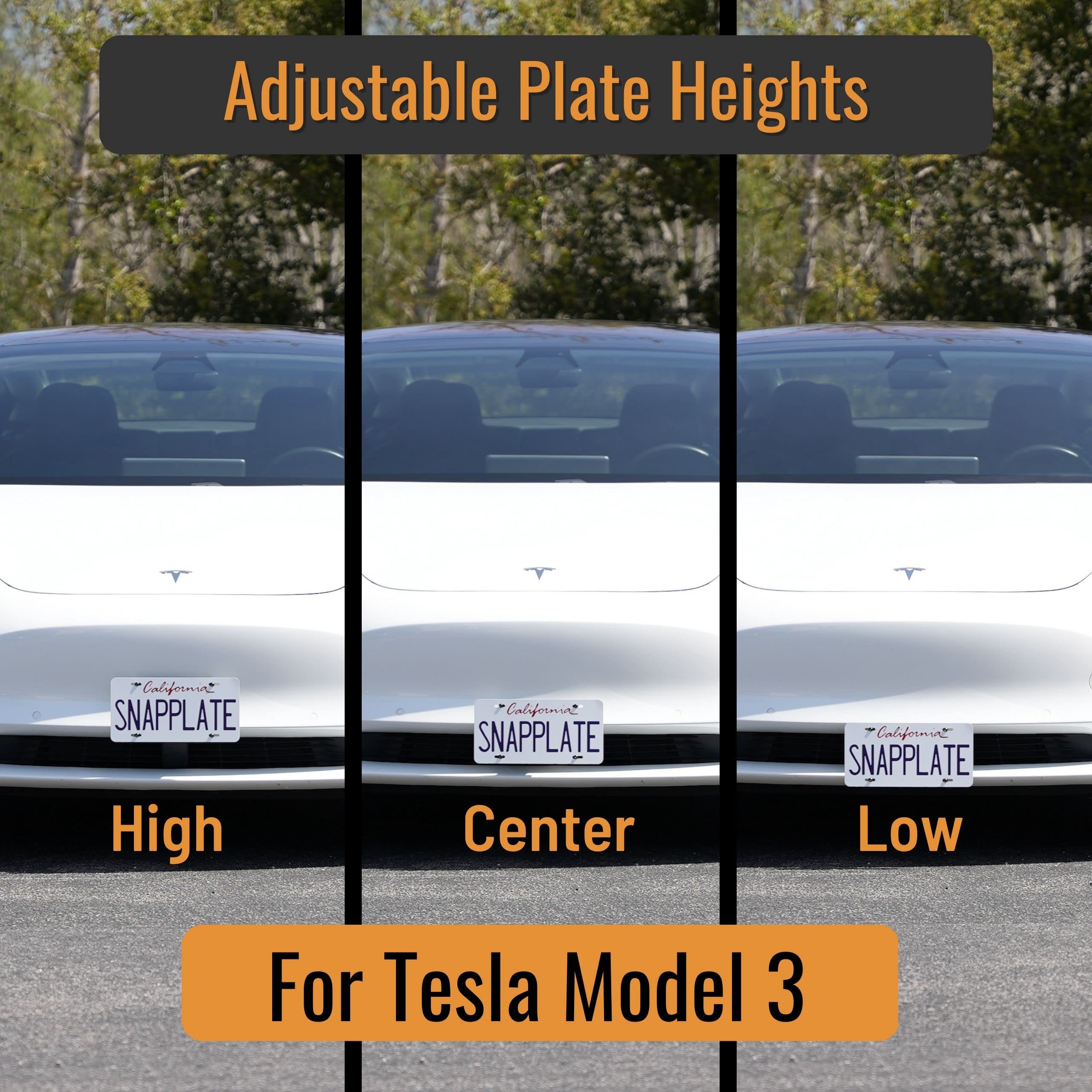 Snapplate Front License Plate Holder For Tesla Model 3 - Safety-Optimized Breakaway Design, Anti-Theft, Removable, Height-Adjust