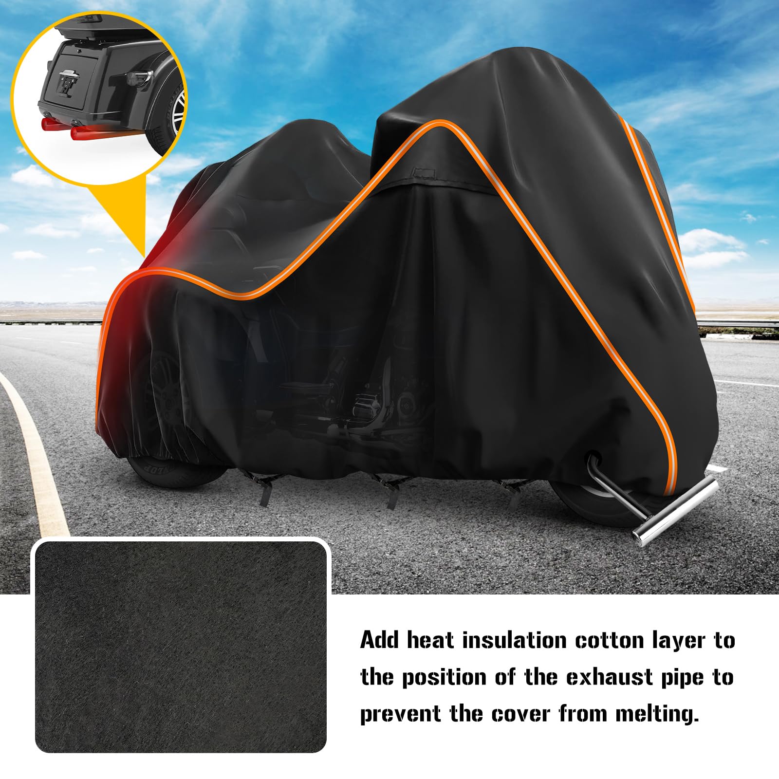 BIGACOVER 420D Motorcycle Cover for Trike Models - Heavy Duty Waterproof, Windproof, Black, Model XB304, with Antenna Openings & Heat Insulation