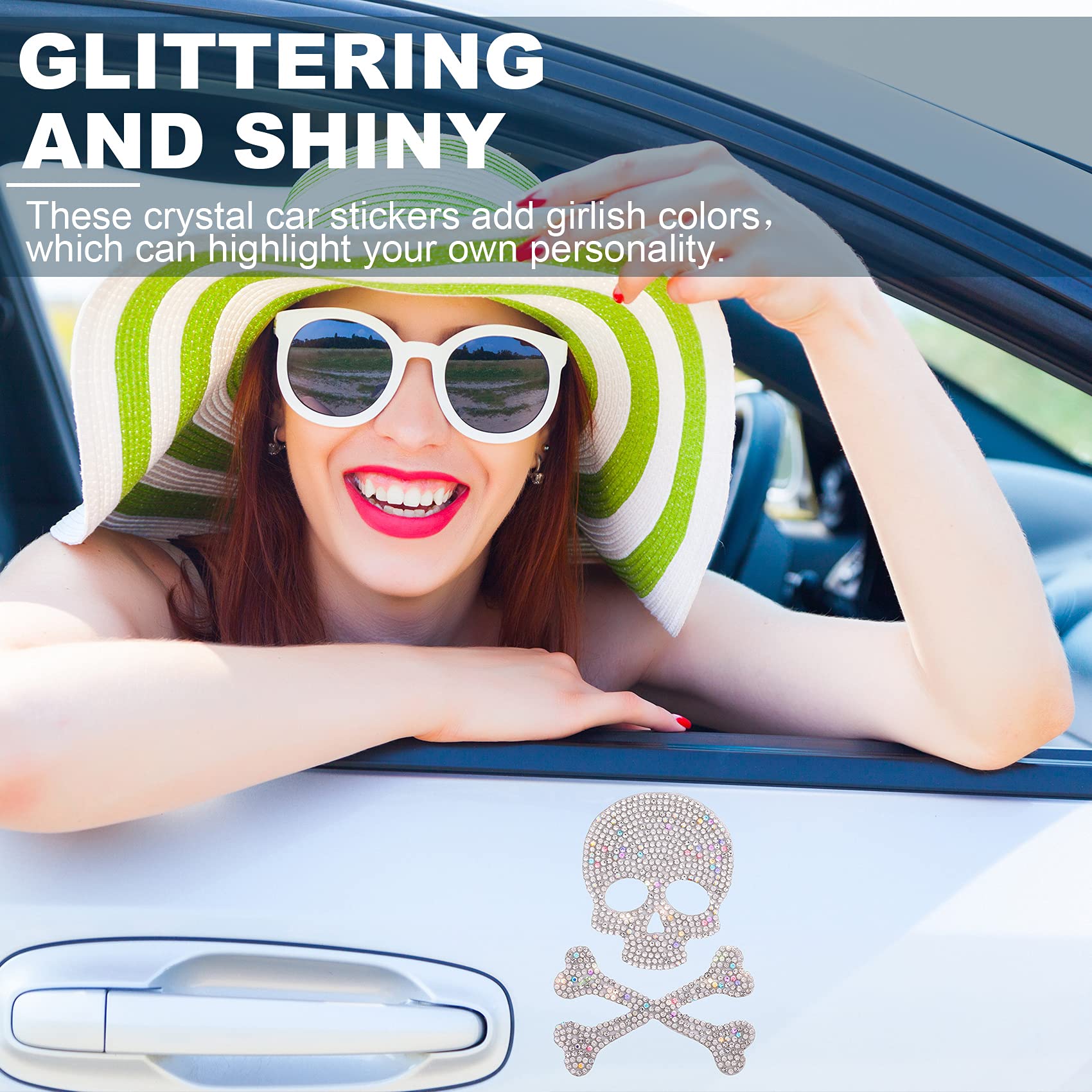 OIIKI Skull and Bone Bling Car Decals - Rhinestone Stickers for Car, Motorcycle, Helmet, Tumbler, Luggage - Model OK2917 - Crystal Decor