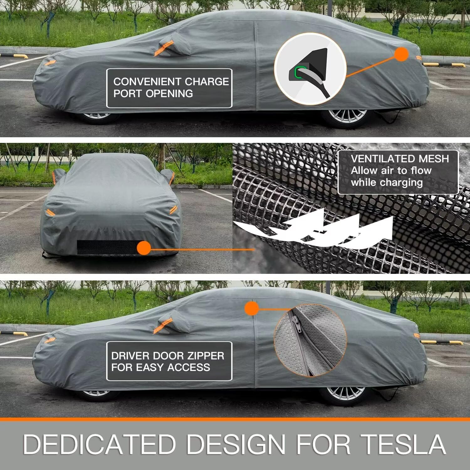 Kayme Heavy Duty Car Cover Waterproof All Weather, Custom Fit For Tesla Model 3, Outdoor Full Exterior Cover With Charging Port